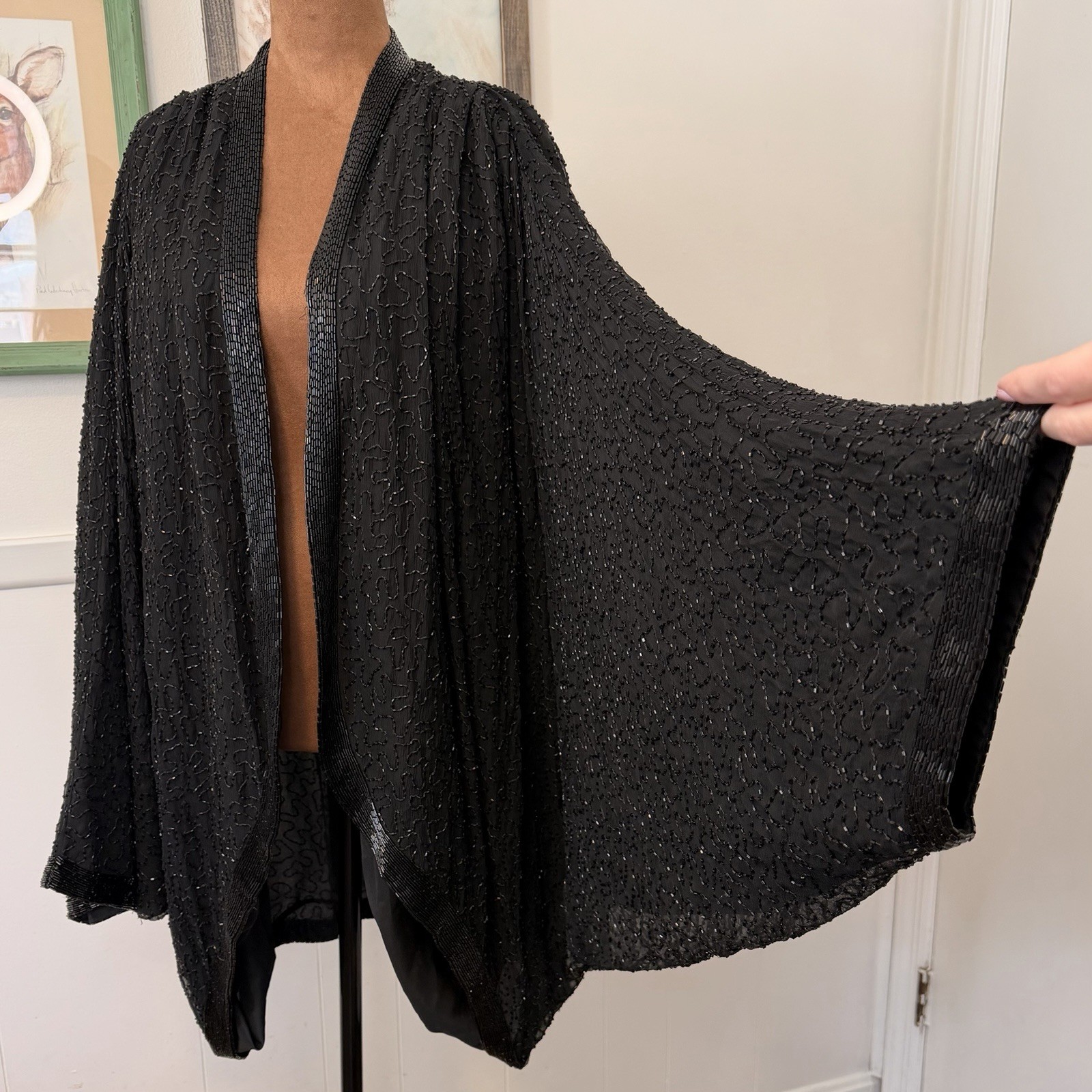 Vtg 60s 70s Silk Duster Opera Cape Beaded Kimono Whimsigoth Stevie Nicks Witchy