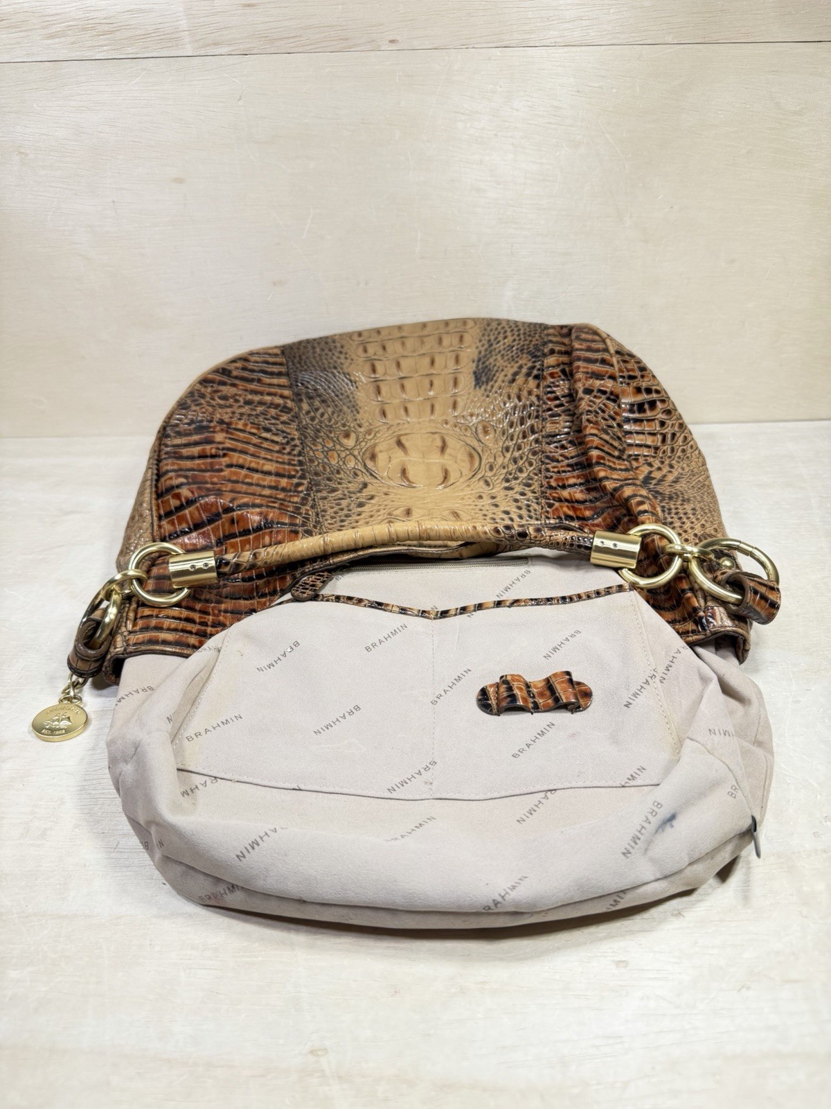 Brahmin Carmela Melbourne Tan Croc Embossed Hobo Shoulder Handbag Luxury