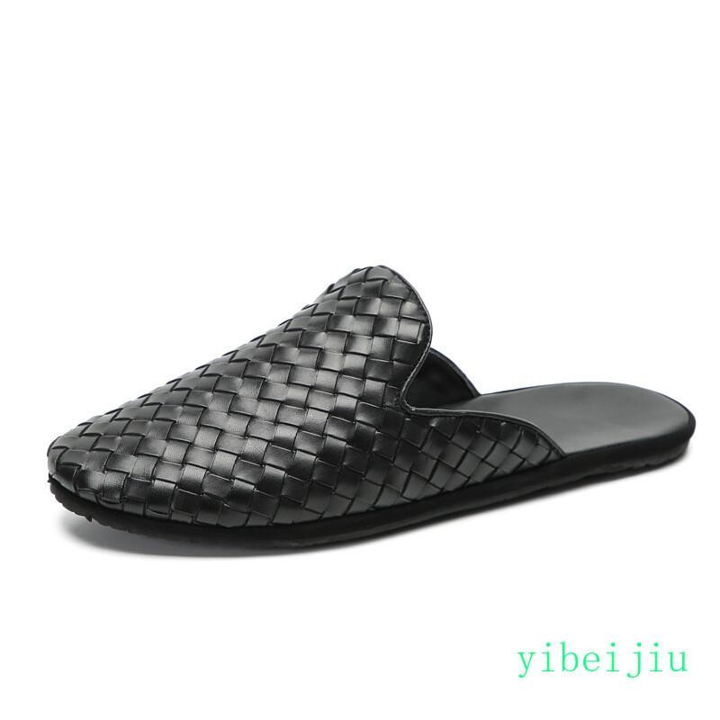 Men’s Leather Woven Slippers Flats Closed Toe Mules Handmade Casual Club Sandals
