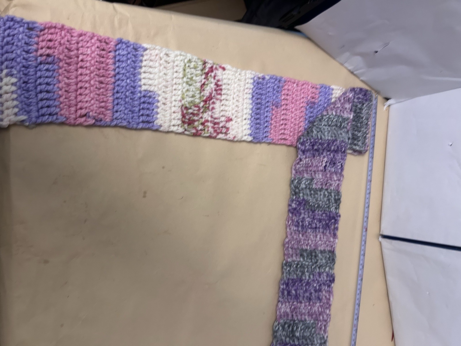 Handmade knit multicolor scarf pink/gray/white/purple