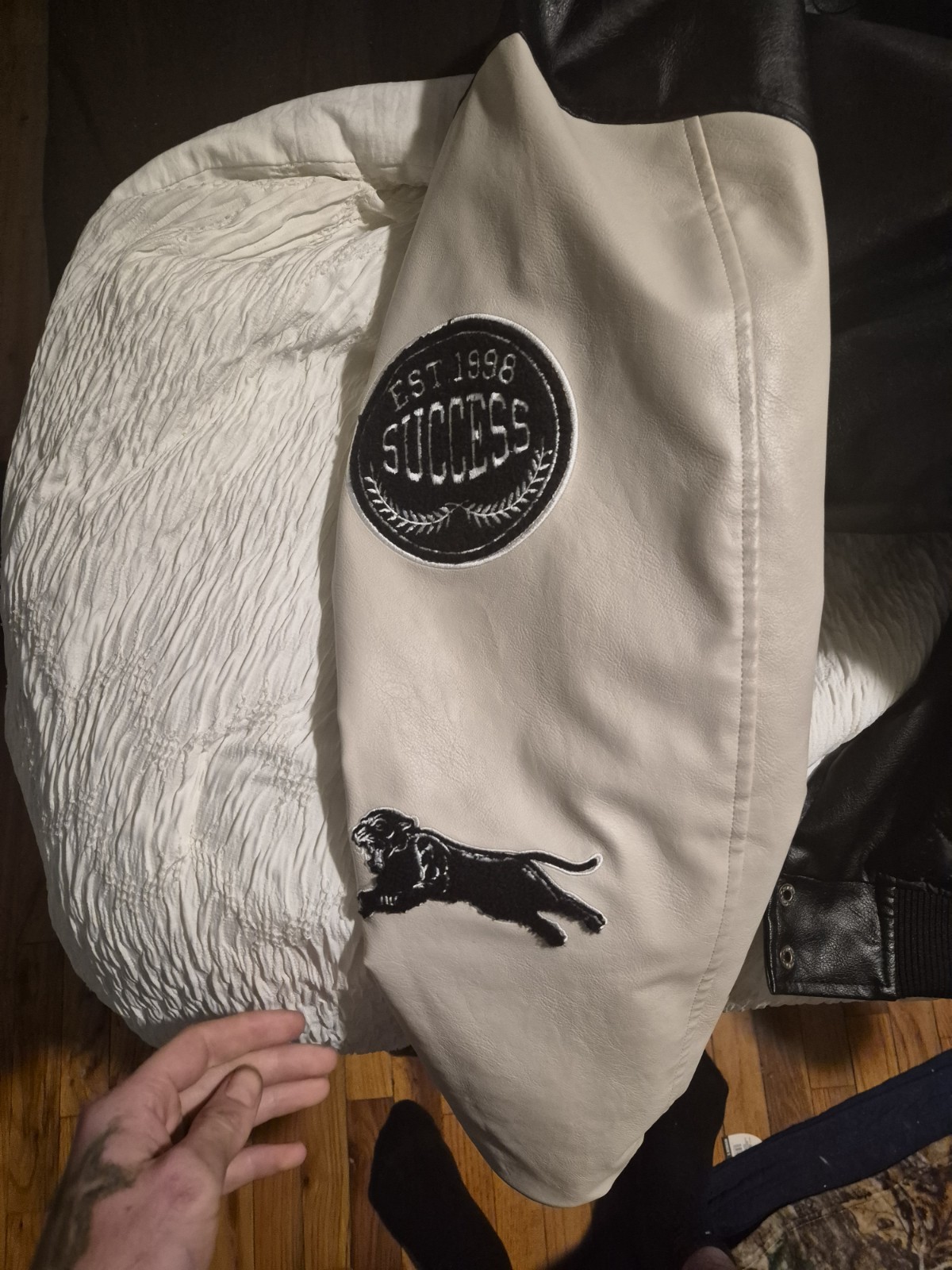 Bershka faux leather varsity baseball style jacket. Size Large