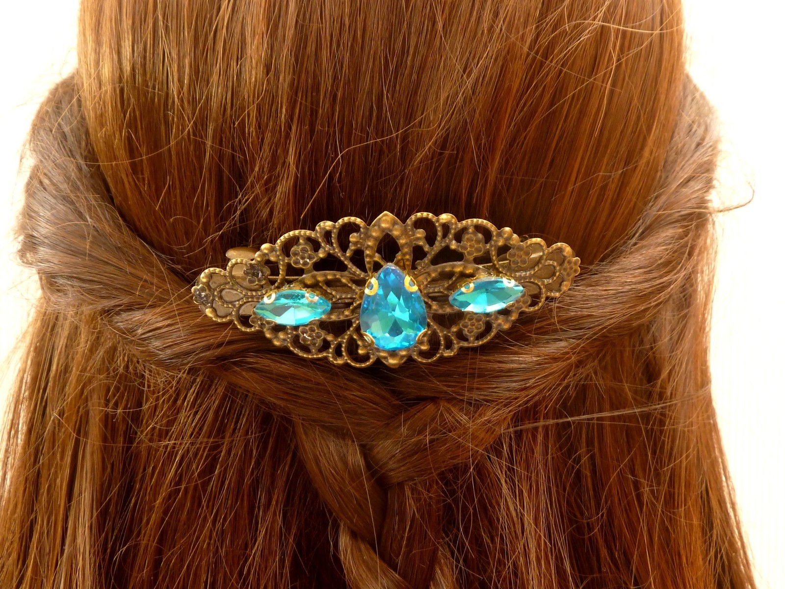 Sparkling Bronze Hair Clip with Faceted Glass Jewels in Turquoise