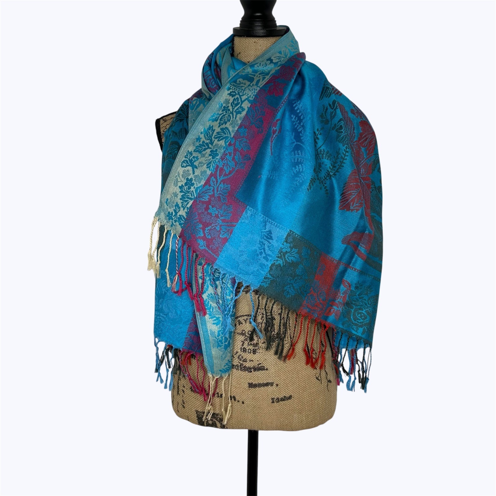 100% Cashmere Scarf Blue Floral Gift from Jerusalem Shawl Fringed Wrap 160x200cm
