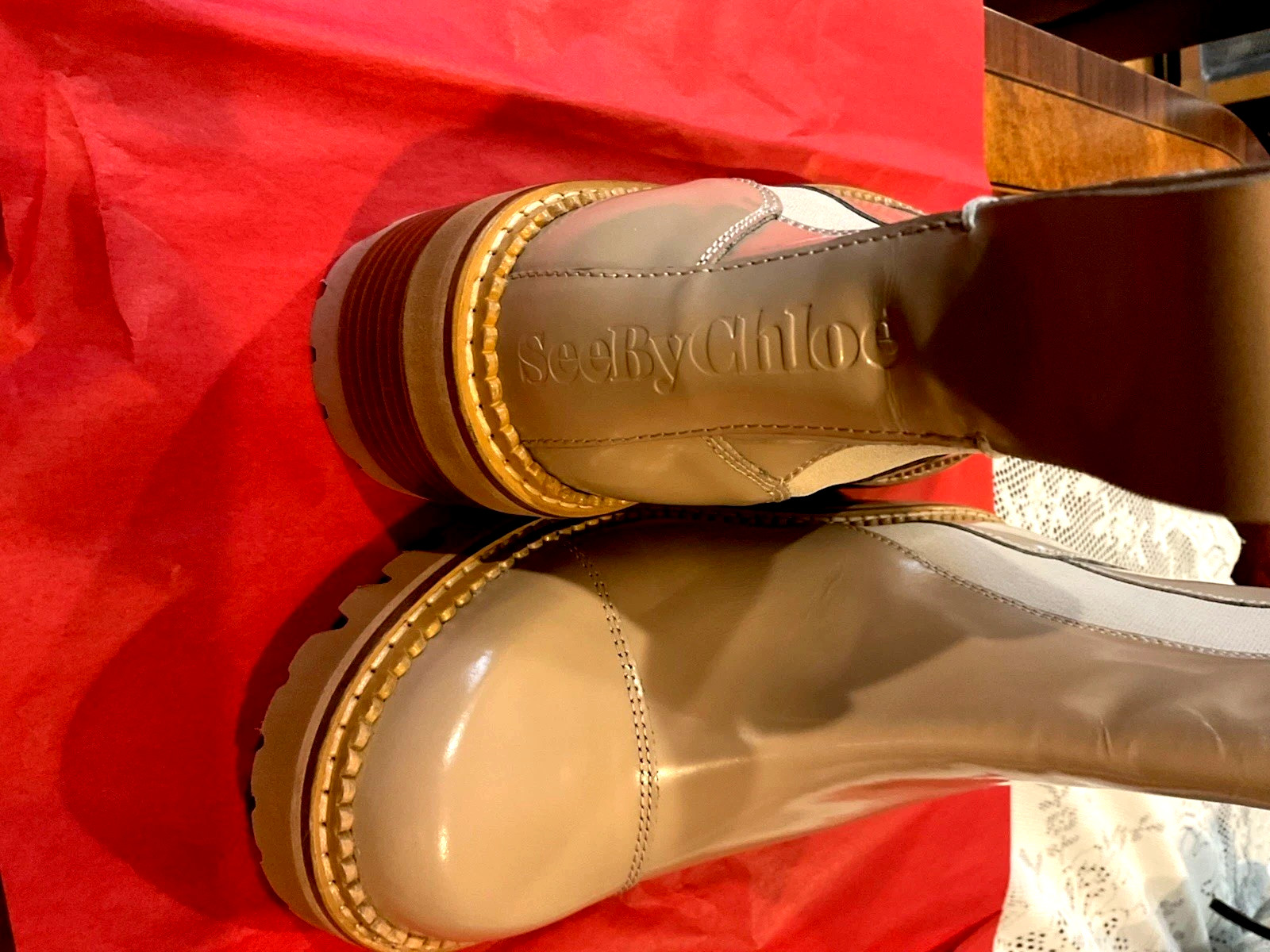 See by Chloe women beige leather ankle boot (38) lug sole round toe 2.25 in heel