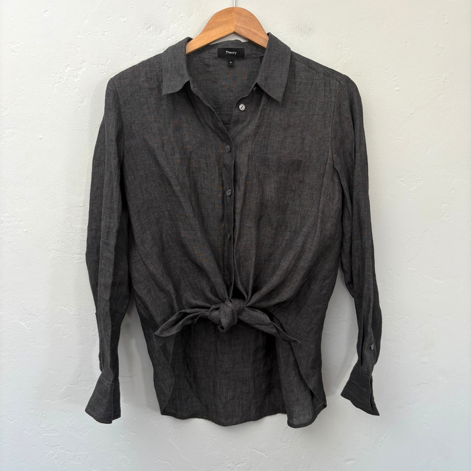 Theory Hekanina Drape Hemp Top Shirt Women Size Medium Gray Tie Front Button Up