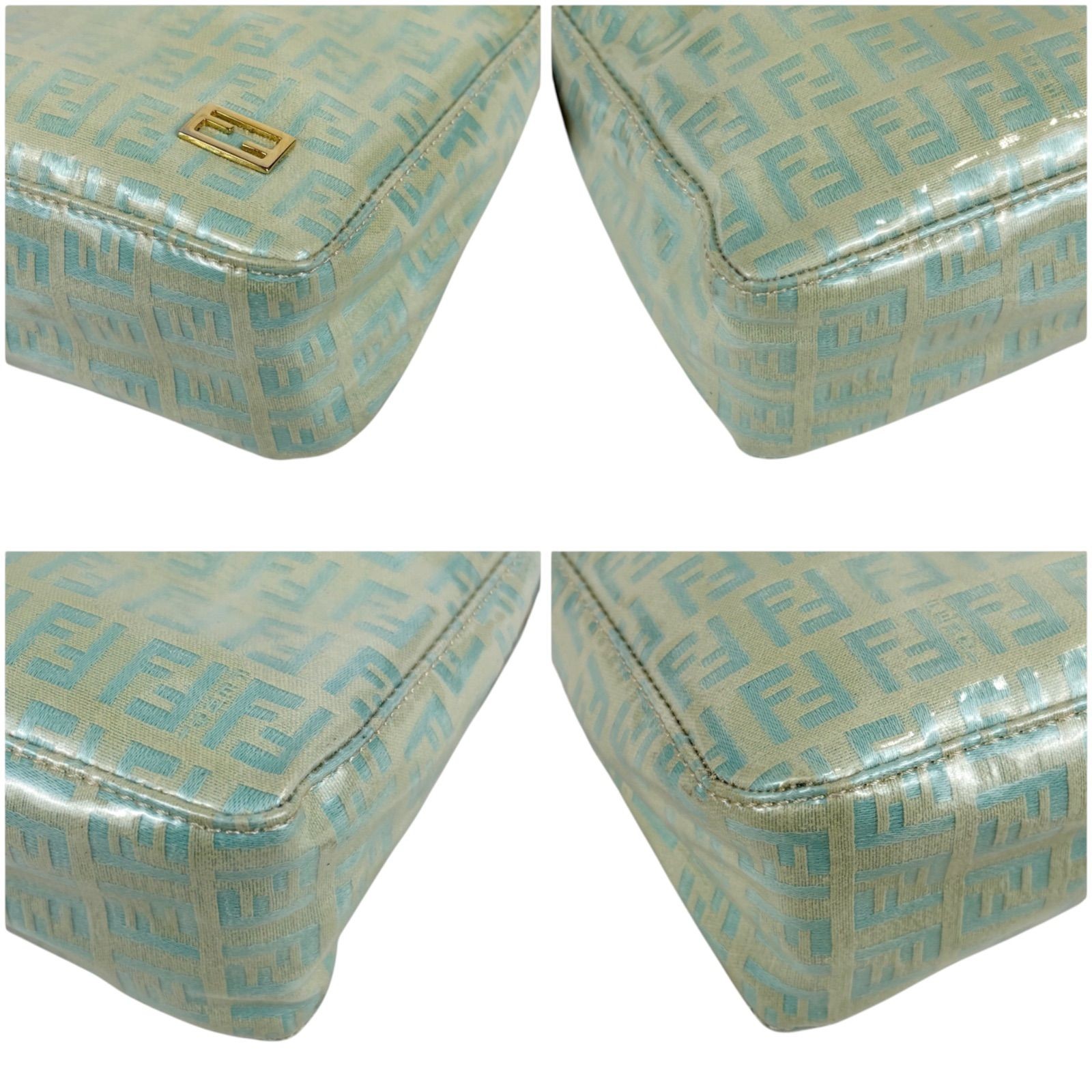 Fendi Zucchino Mini Handbag Pouch PVC Canvas Light Blue Green FF 19cm x 14cm