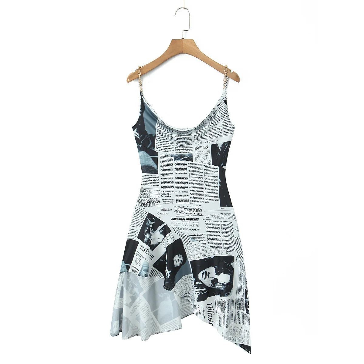 YENKYE New Women Newspaper Letter Print Irregular Hem Sling Dresses Fashion