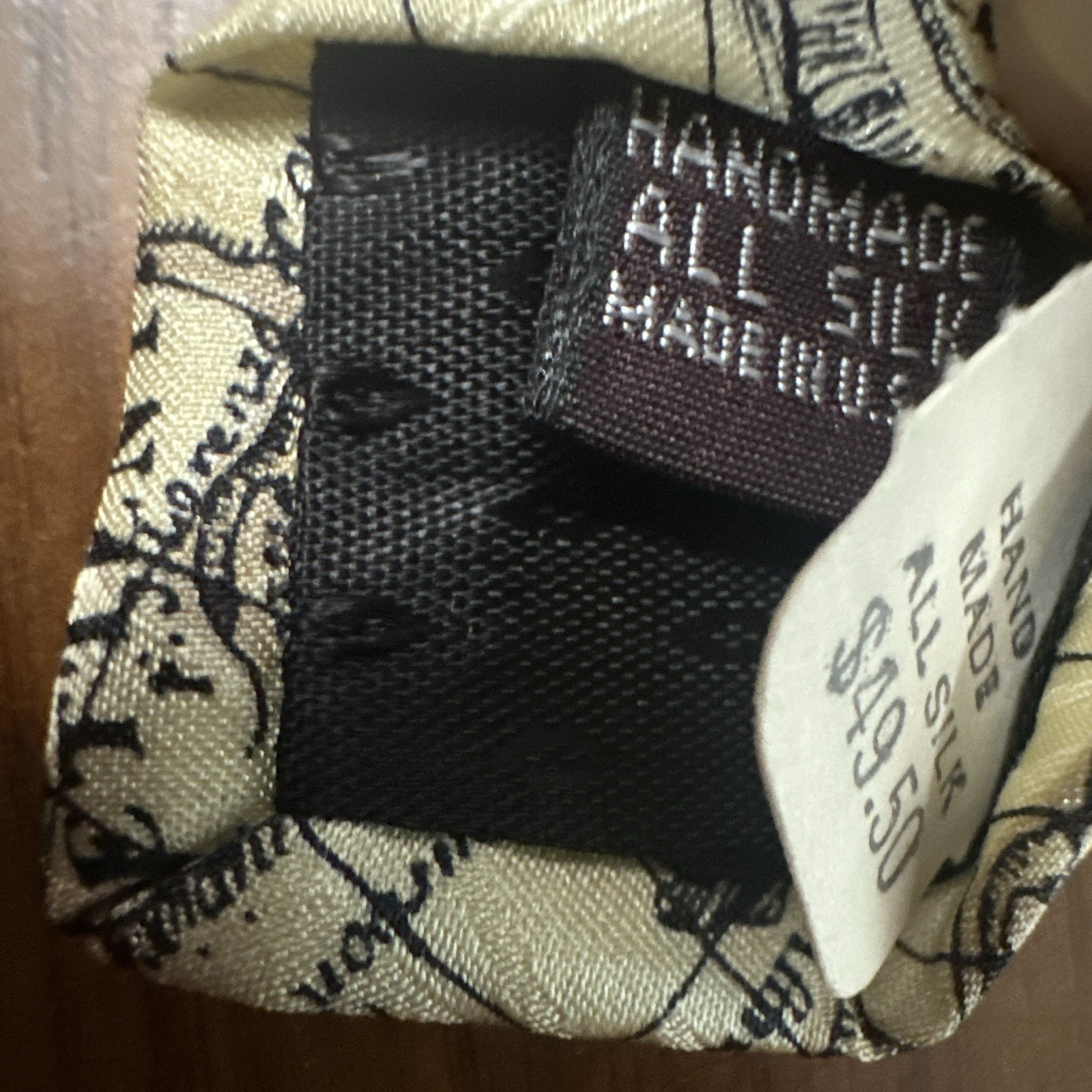 Museum Artifacts Men’s Silk Map Print Tie Beige Black Yellow Red Handmade Woven