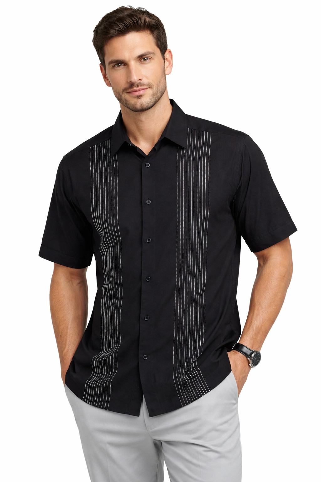 Cubavera Mens Shirt New M Black Vertical Striped Short Sleeve Button Up Casual