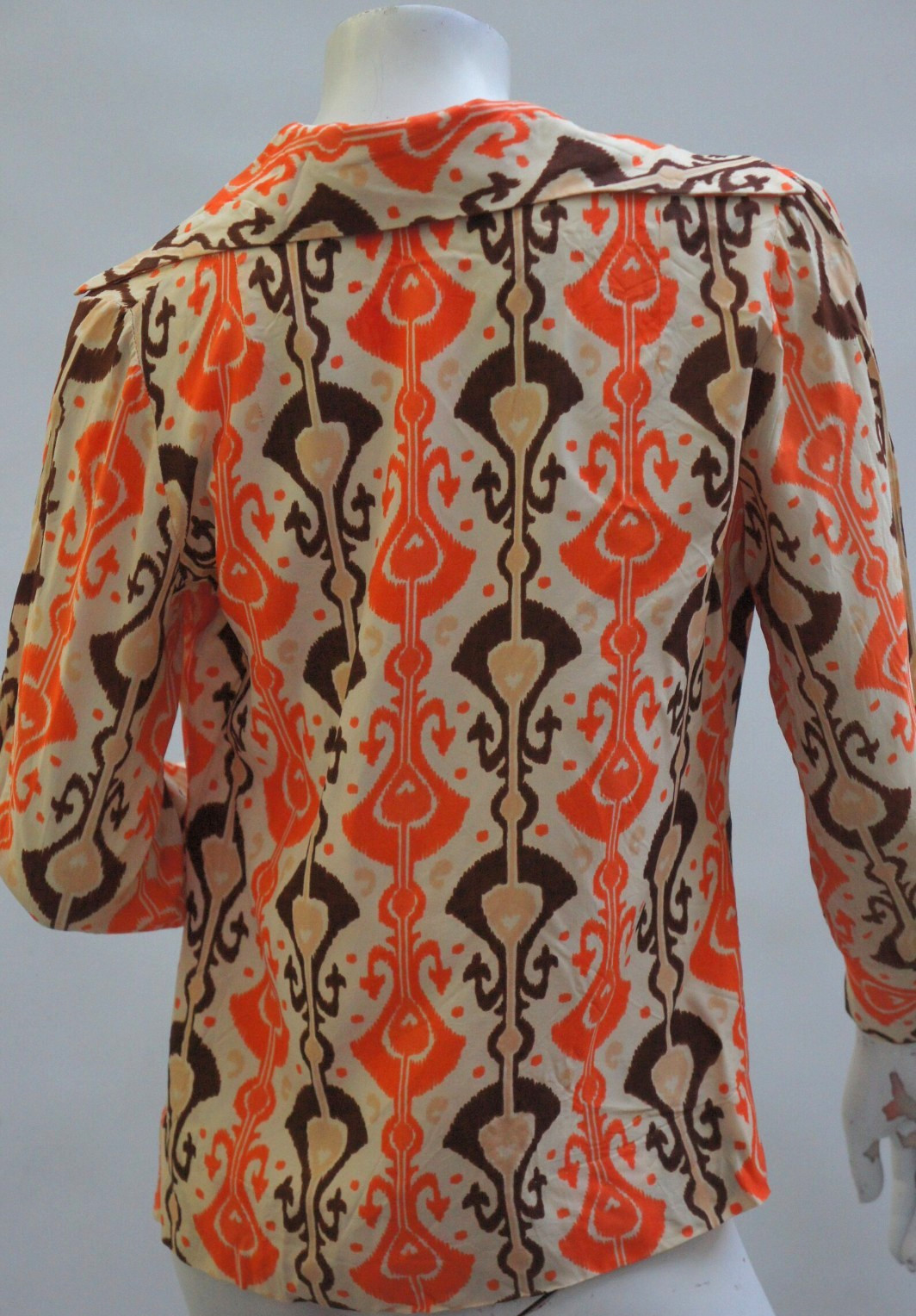 Vintage 60s Orange & Brown Damask Print Blouse Down Shirt Boho Retro Hippie