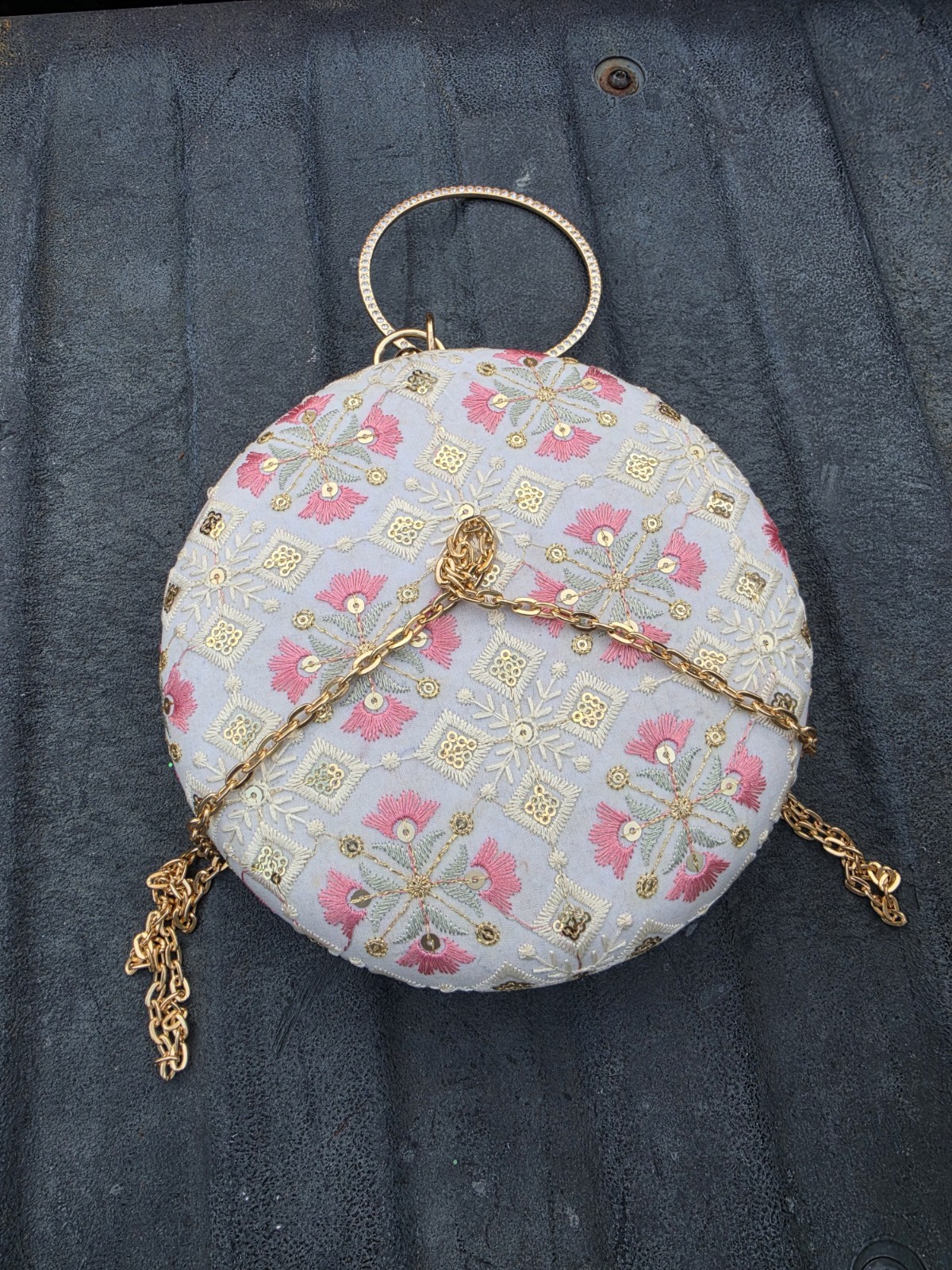 Women’s Round Floral Clutch Purse, Gold Tone Hardware, Top Handle, Chain, Lined