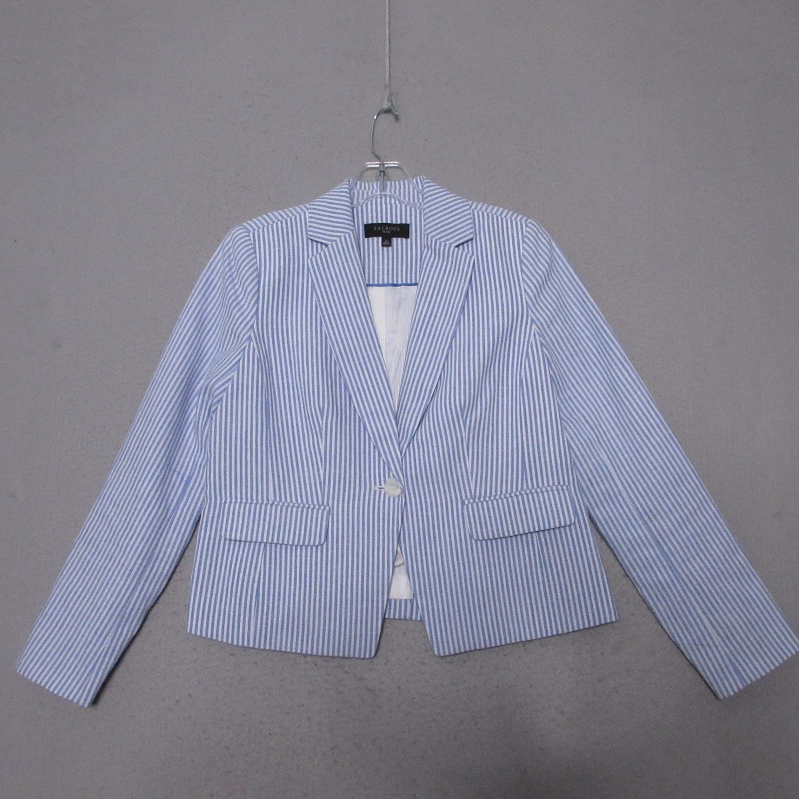 Talbots Blazer Womens 4P Blue Striped Linen Blend Preppy Academia Coastal Career