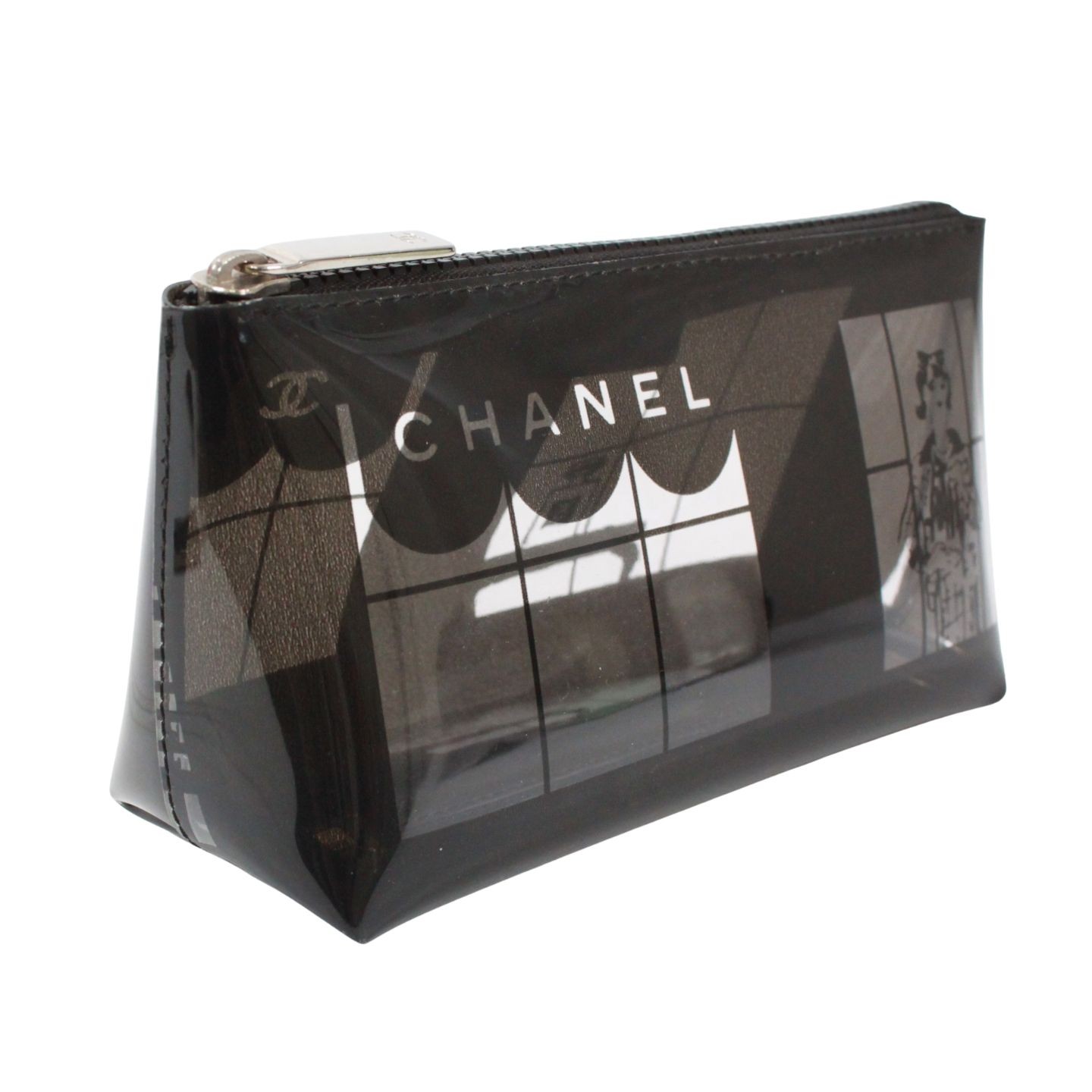 CHANEL Window Line Pouch PVC Clear Black Silver Zipper 7.48 x 3.94 in Japan Auth