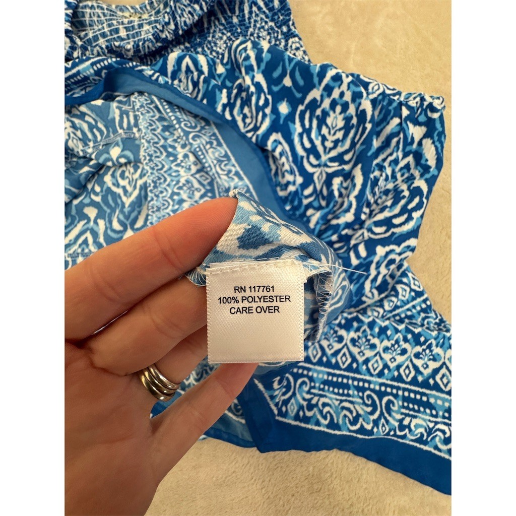 MIXIT Maxi Dress Womens 2XL Blue & White Ikat Smocked Flutter Sleeve NEW!