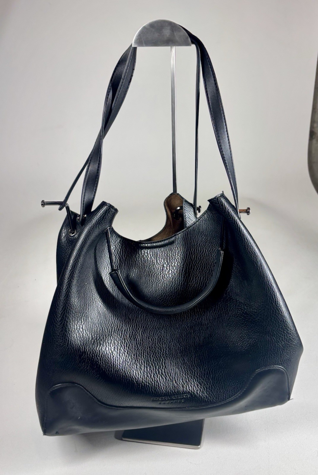 Sondra Roberts Squared Vegan Leather Tote Satchel Black Shoulder Bag Purse Large