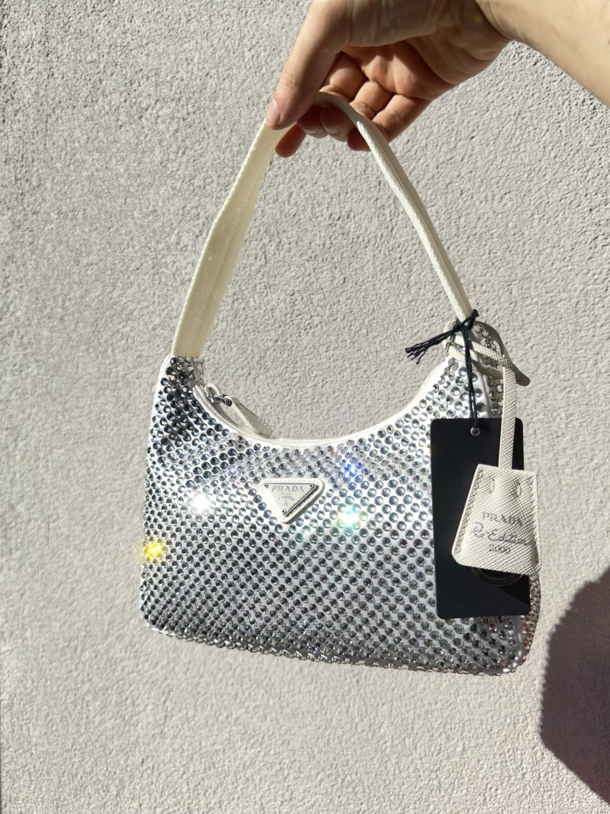 Prada Re-Edition 2000 bag Crystal Satin White NEW – FULL SET With certificate