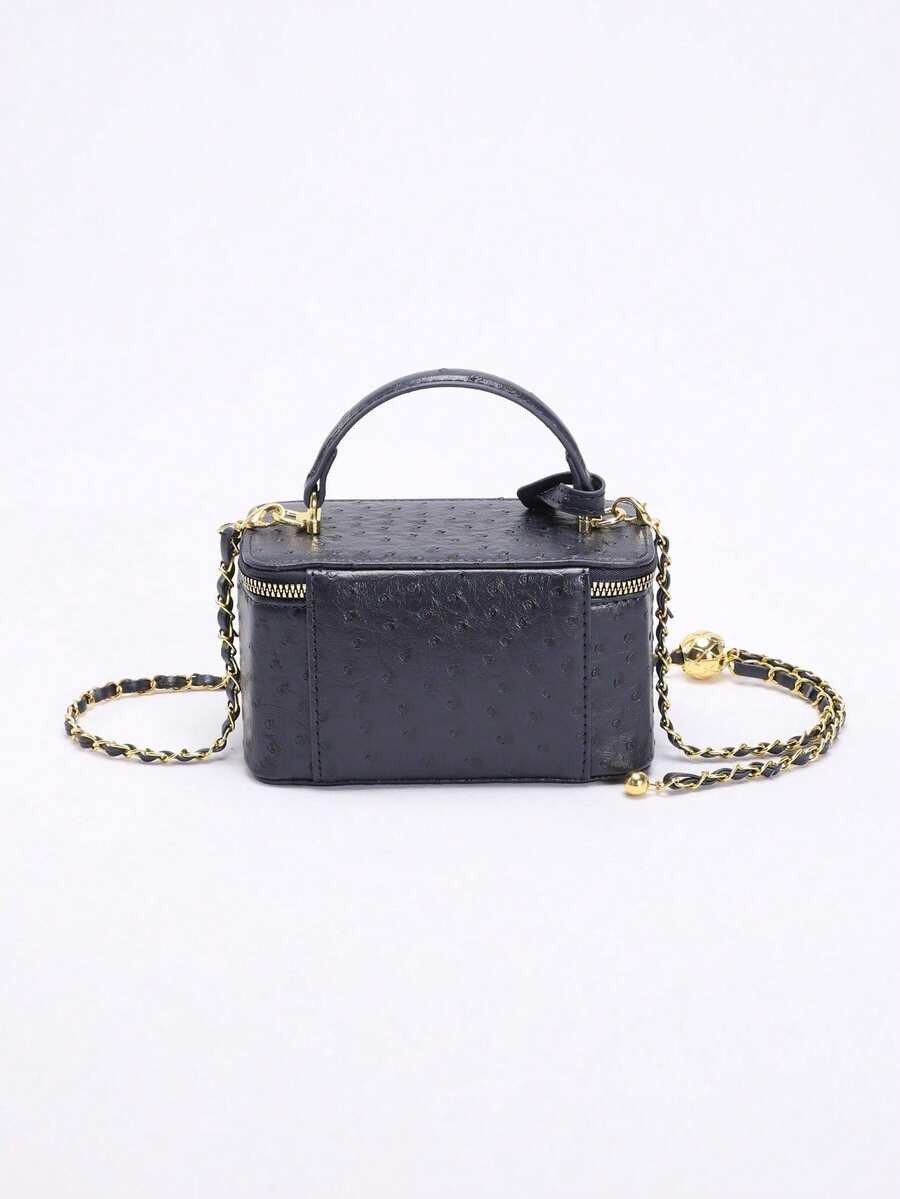 Mini Quilted Box Bag Rhinestone Embroidery Zipper Handbag Chain Strap Purse