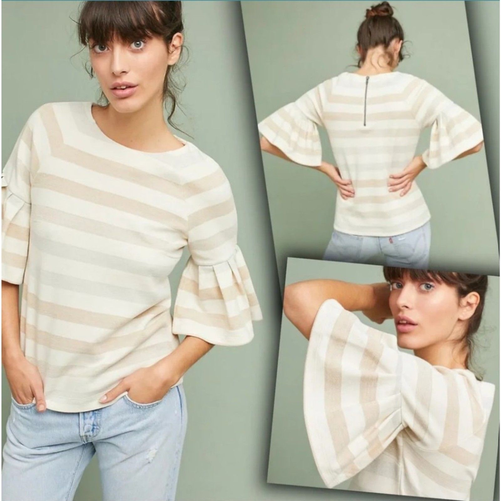 Maeve by Anthropologie Sparkle Stripe Flutter Sleeve Top | Size Med