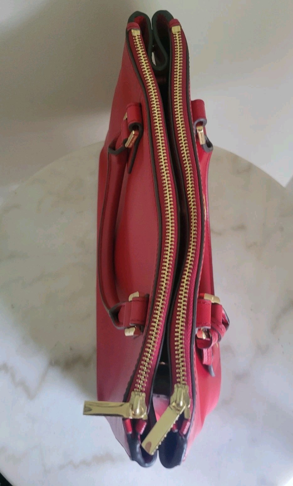 Tory Burch Robinson Double Zip Red Leather Top HandleTote Shoulder Strap Missing
