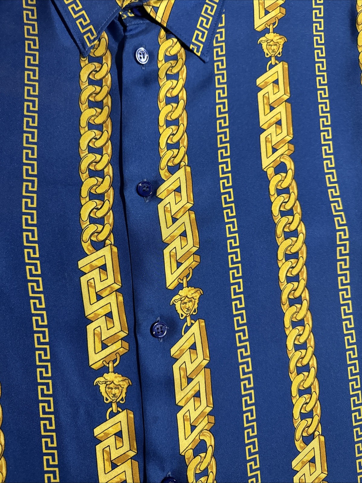 Versace Blue/Gold Chain Link Silk Button Up Shirt Sz IT56 US XL 100% Authentic