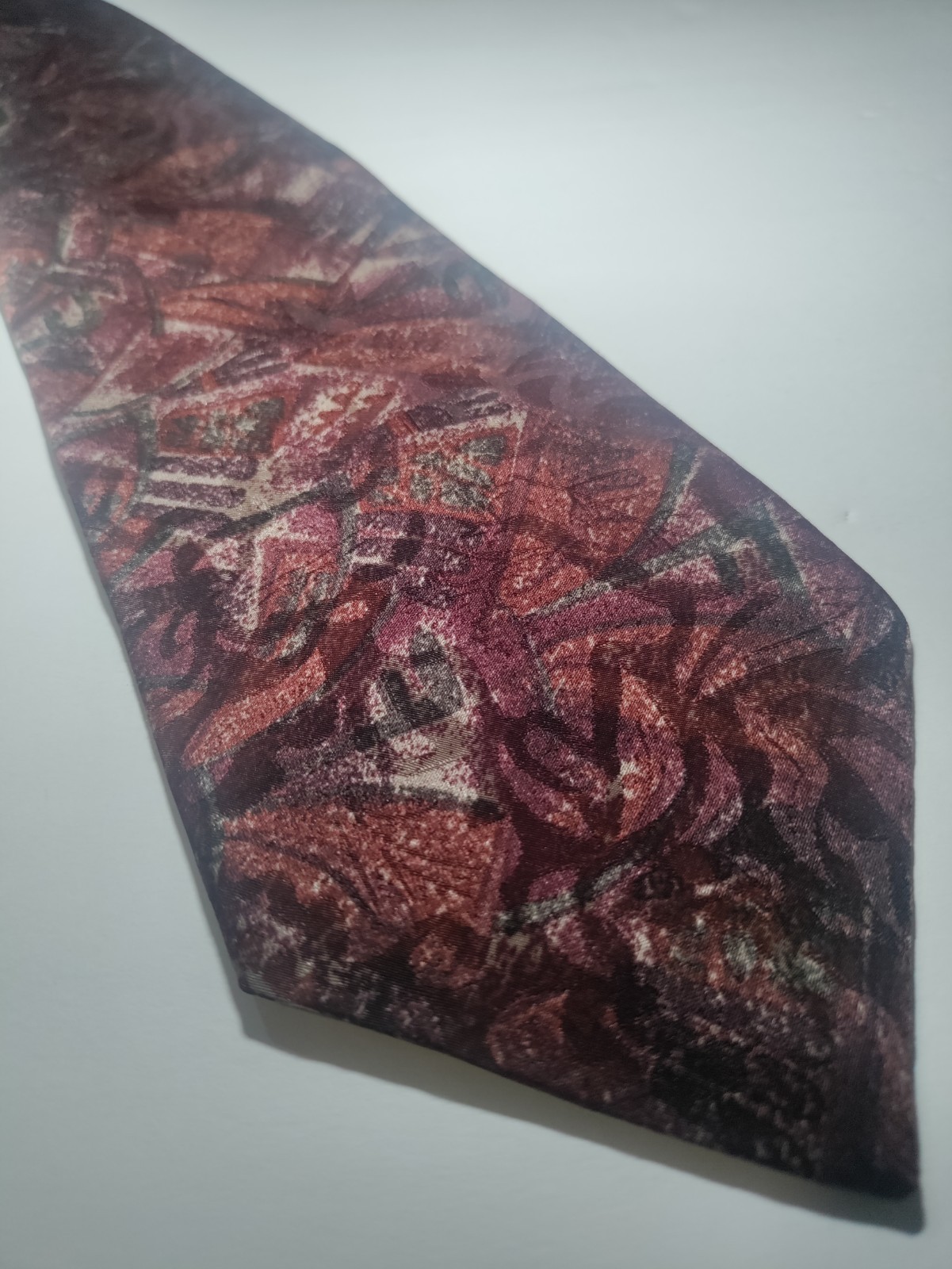 Christian Dior Tie Burgundy, Dark Red Gray Geometric 100% Polyester Necktie