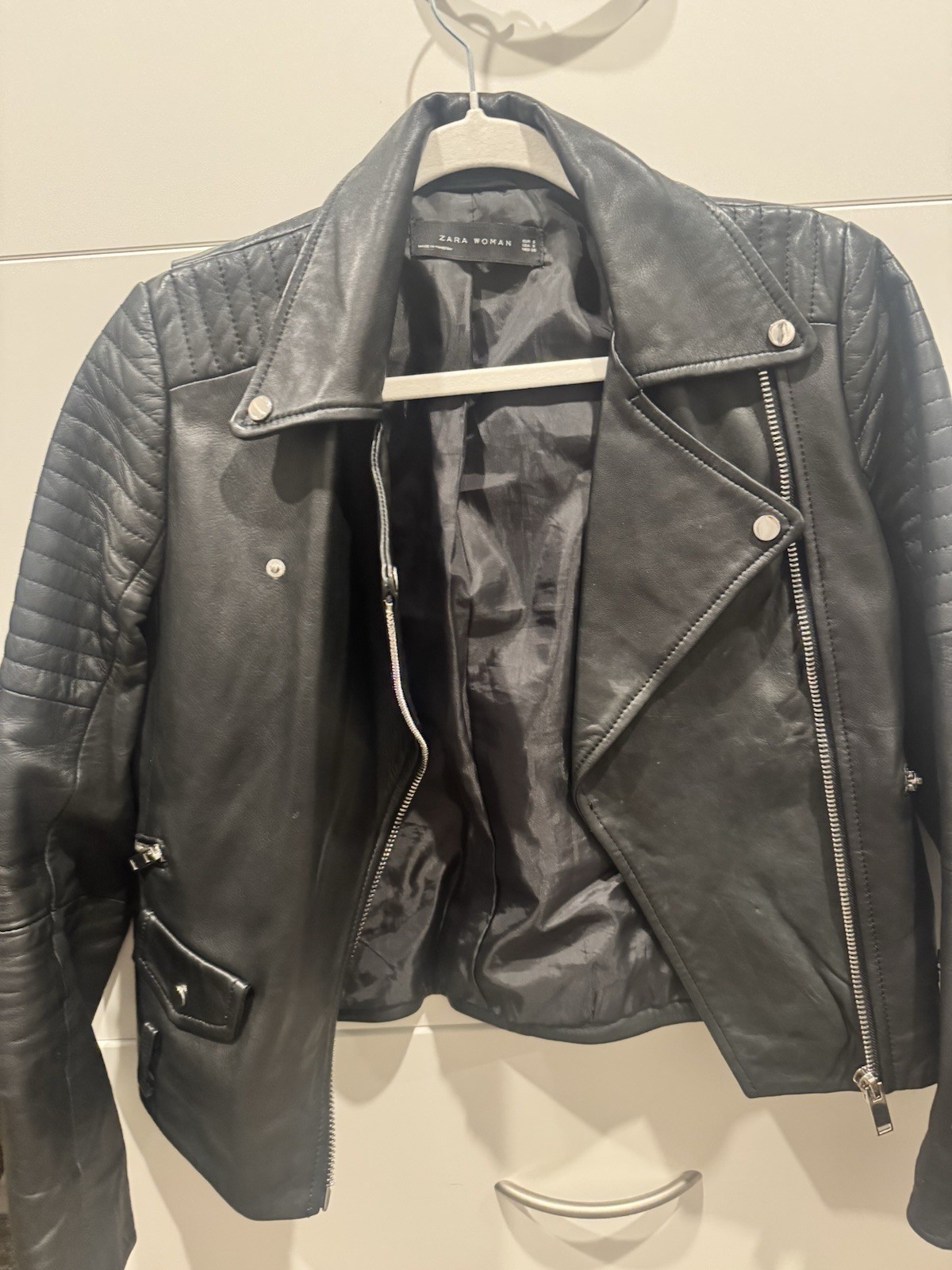 Zara Woman Black Moto Biker Jacket Quilted Lined Zip Closure Long Sleeve S