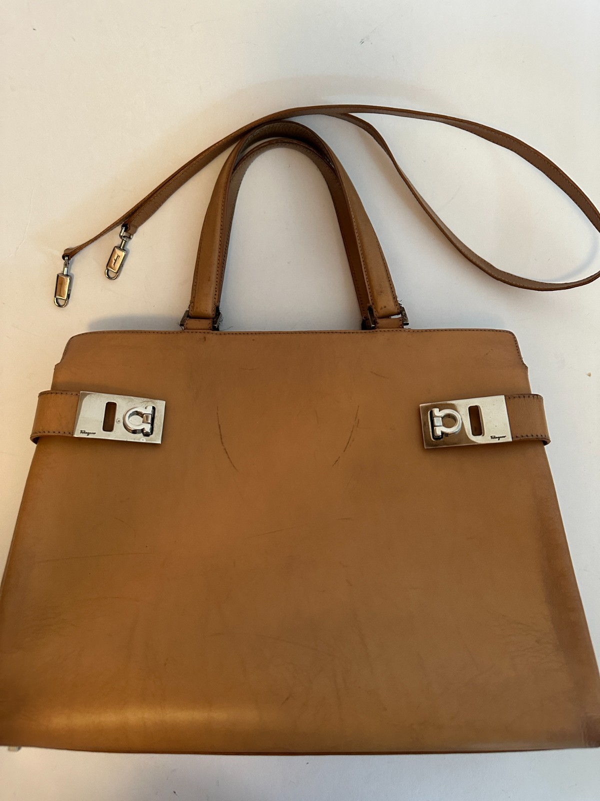 Salvatore Ferragamo Gancini Buckle Staps Smooth Tan Leather Tote Bag As-Is Wear