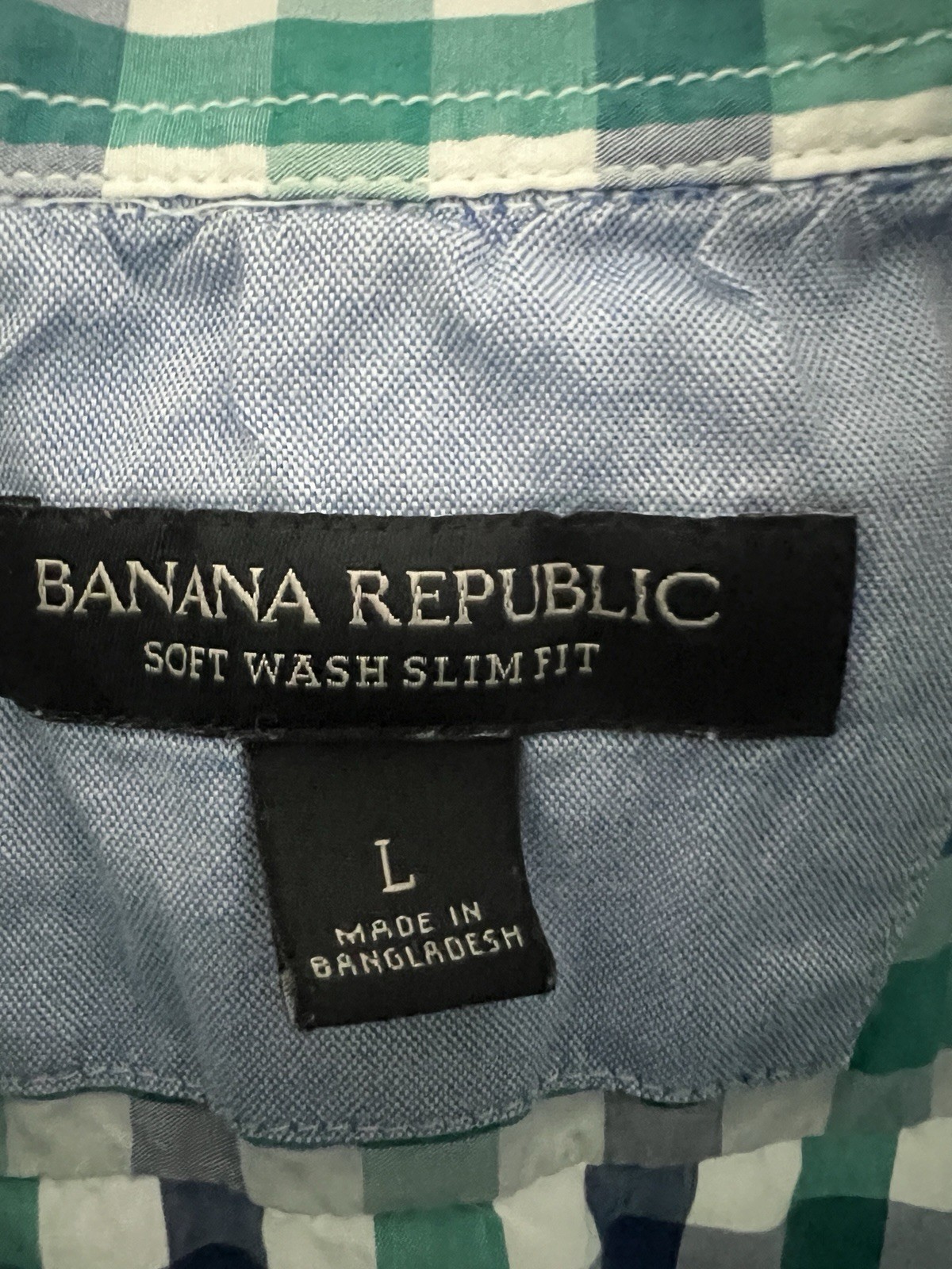 Banana Republic Men’s L Soft Wash Slim Green Blue White Check LS Button-Up
