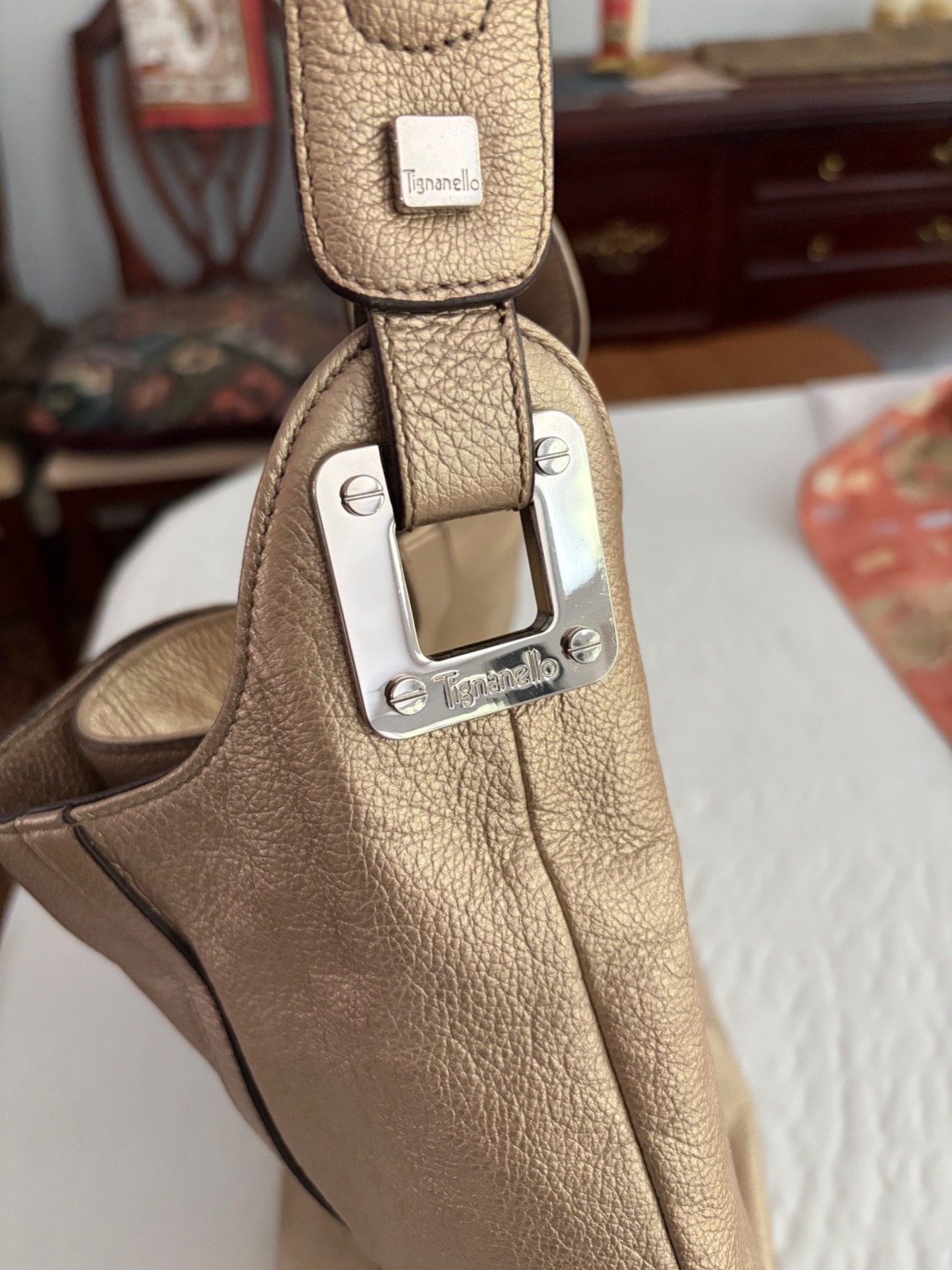 Tignanello Gold Pebbled Shoulder Bag Geometric Silver Hardware Inner Pockets