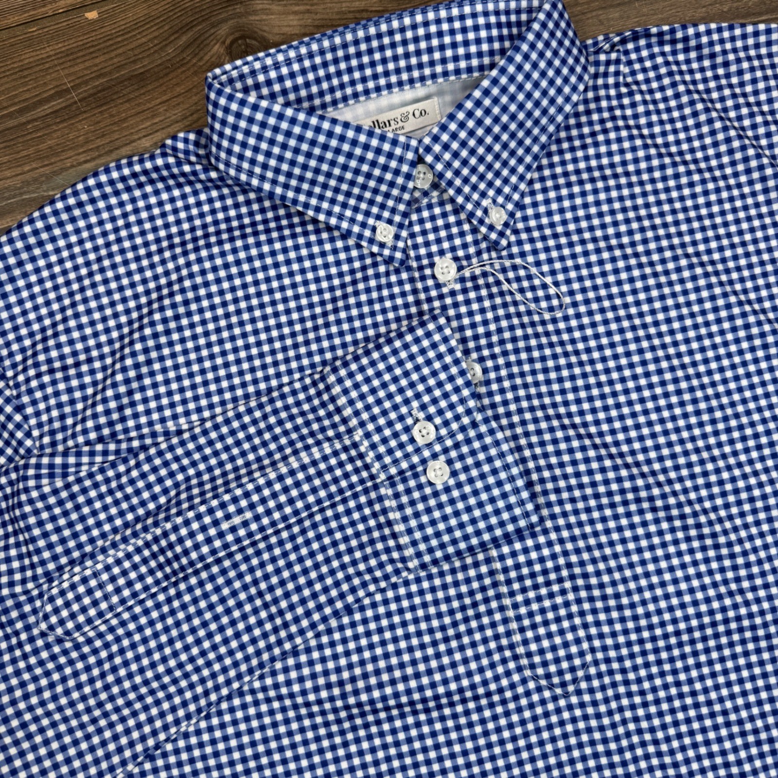 Collars & Co Mens Size Large Long Sleeve Oxford Polo Shirt Blue Gingham Stretch
