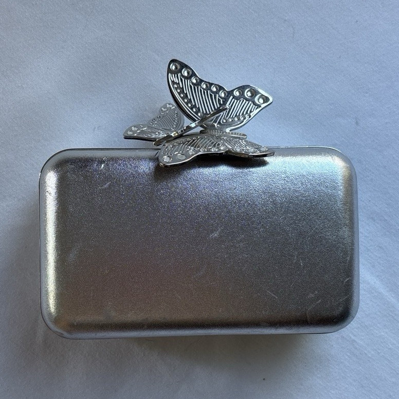 Karen Millen Silver Metallic Clutch Butterfly Clasp Chain Strap