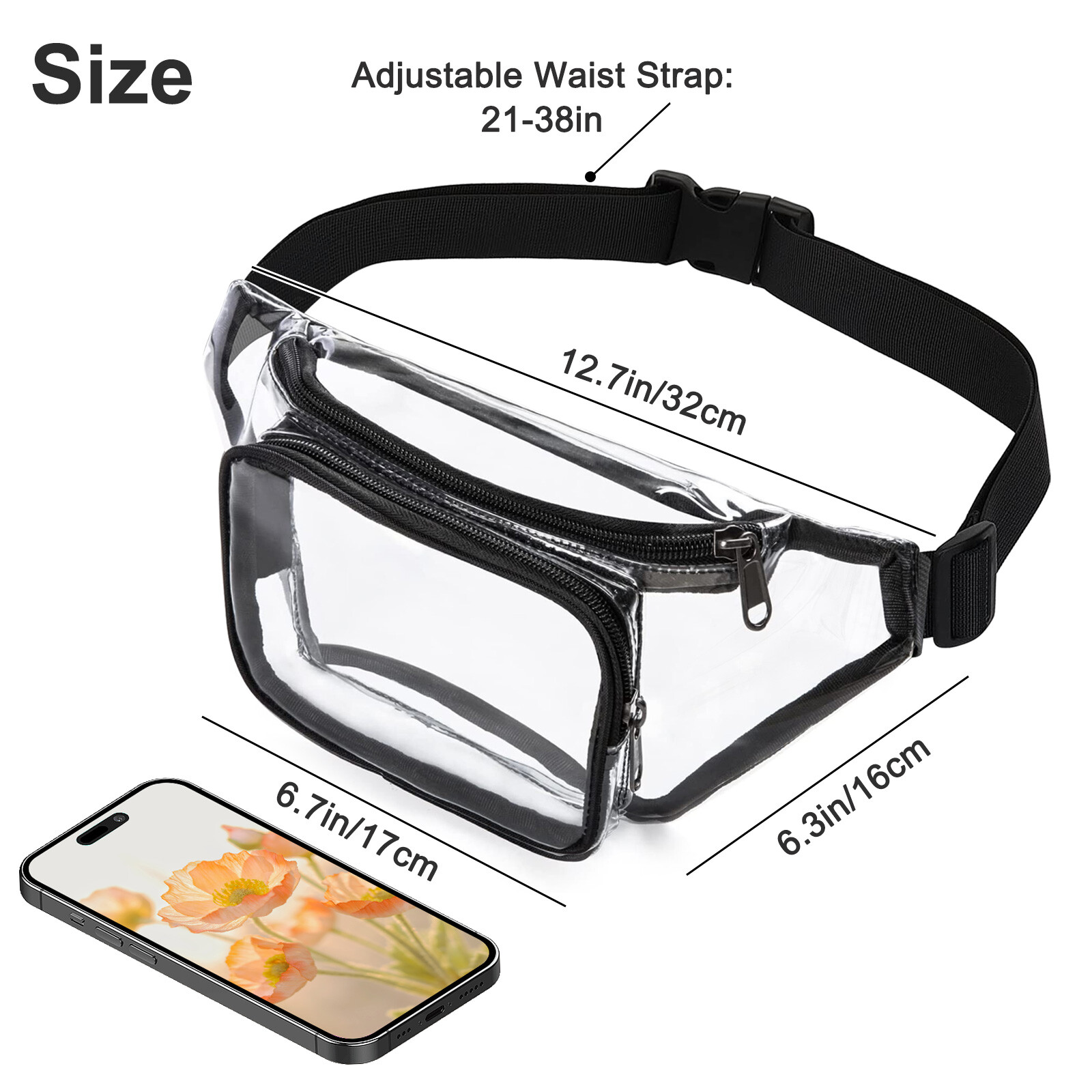 Waterproof Clear Waist Bag Transparent Zip Fanny Pouch Adjustable Strap Outdoor
