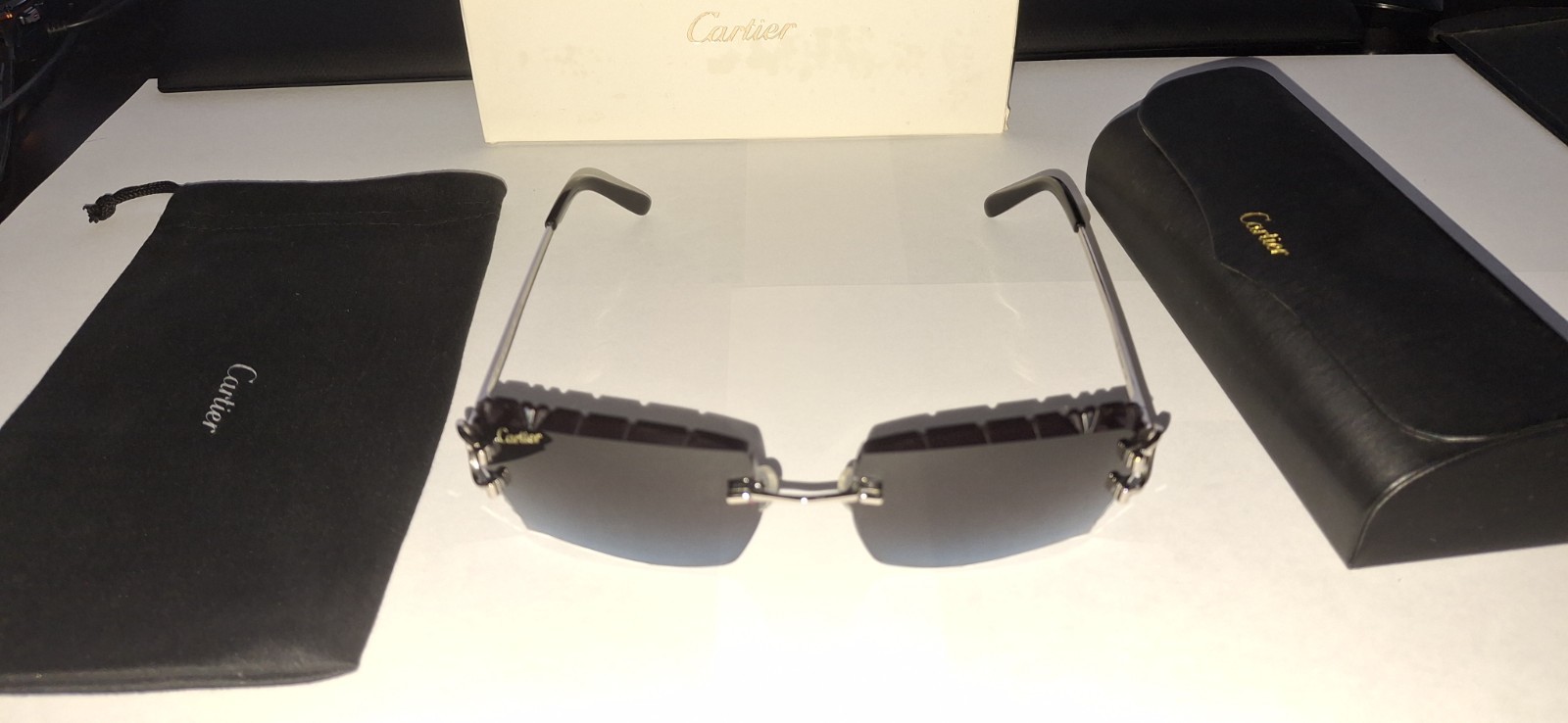 Cartier Rimless Big C Sunglasses Gradient Black & Blue Lenses Silver Frame