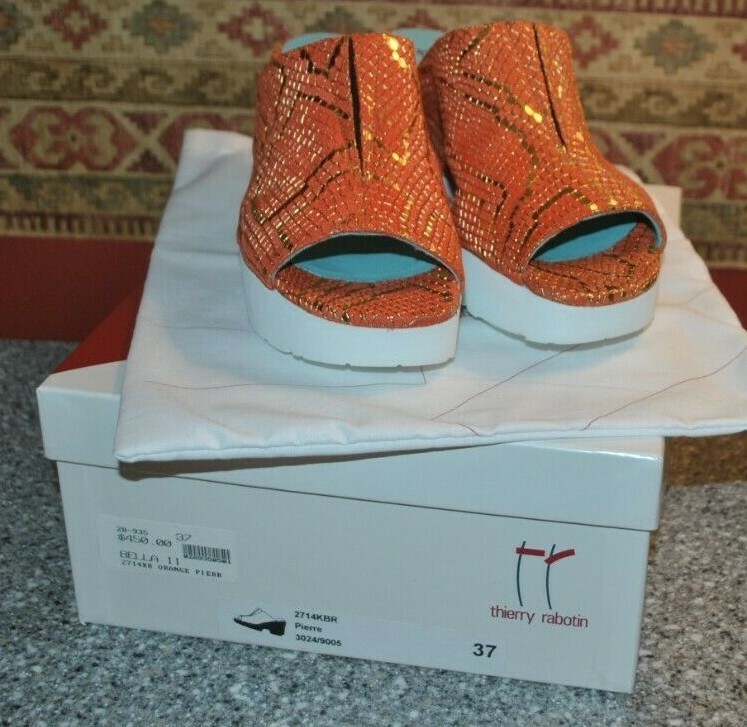 Thierry Raboton Bella II Orange Pierre, Embossed Metallic Suede Sandals NIB, 6.5