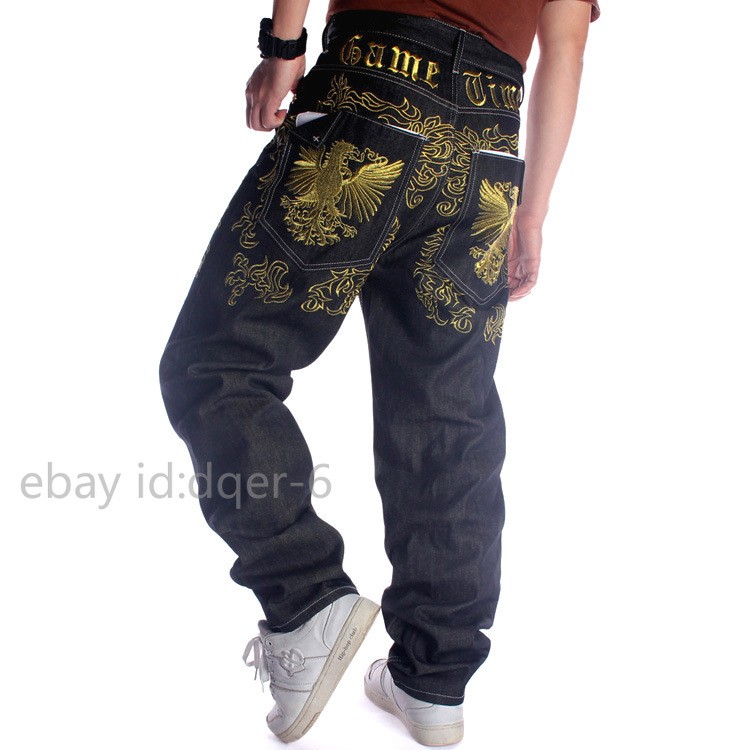 New Mens Jeans Denim Embroidery Baggy Loose Hip Hop Trousers Large Size W30-W46