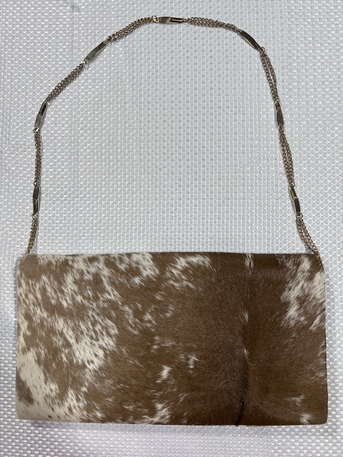 Brown & White Cowhide Hair-On Hide Clutch Shoulder Bag w/ Chain Strap Snap