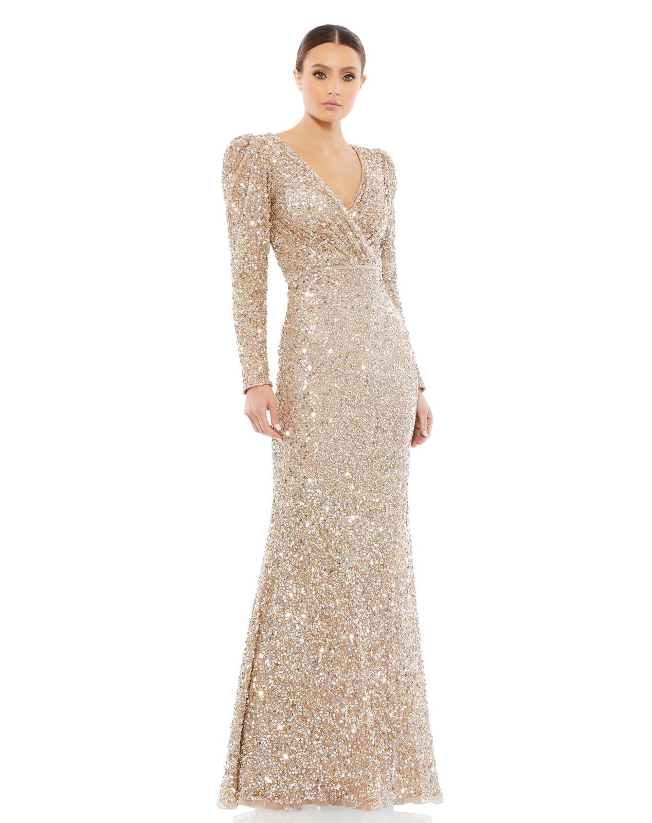 Mac Duggal 5510 Long Sleeve Sequin Trumpet Gown Sz 4 Shimmering Gold $498