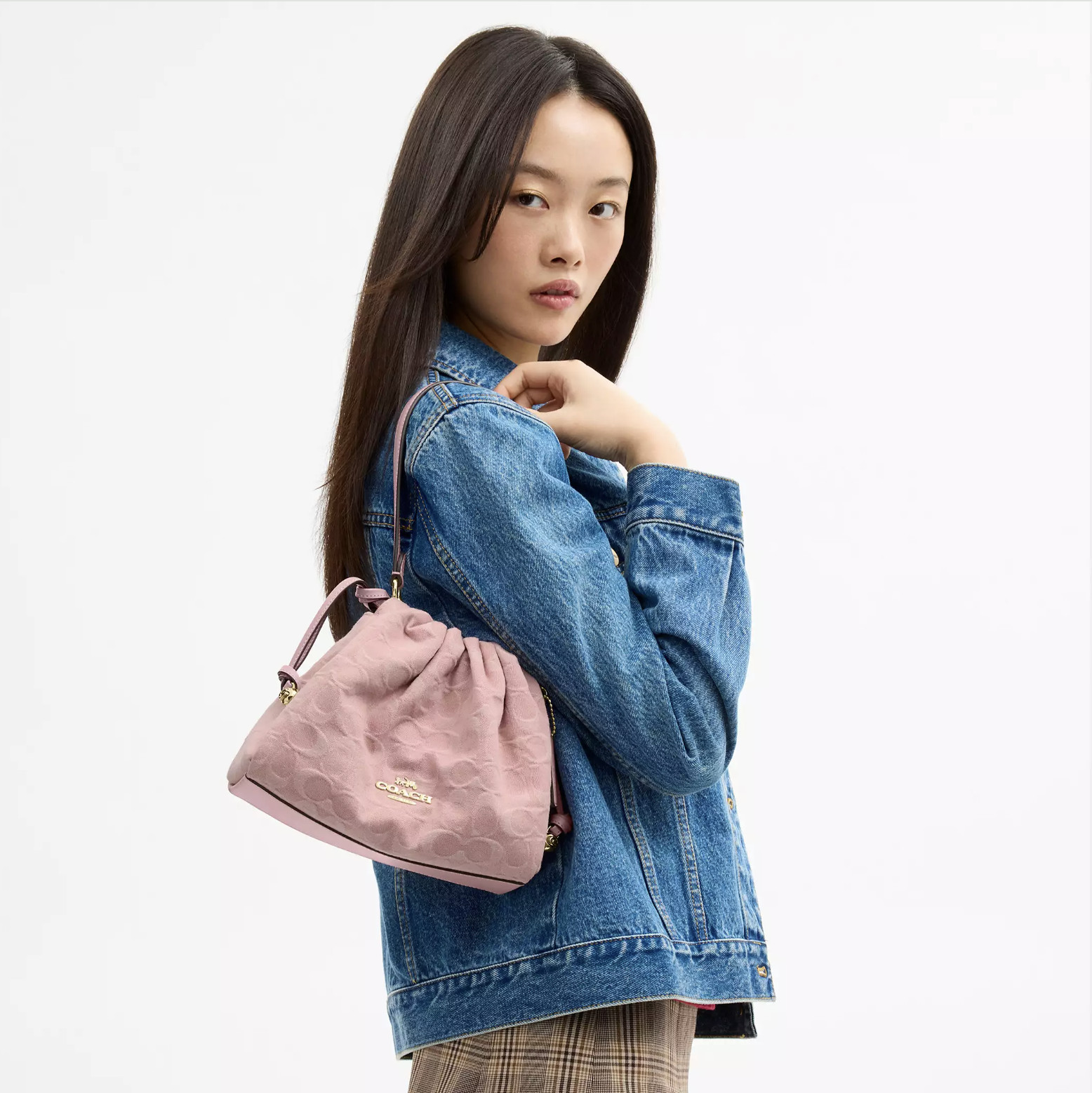 COACH Faye Drawstring Bag Signature Denim Light Pink CFD03 IMNH1 New Authenthic