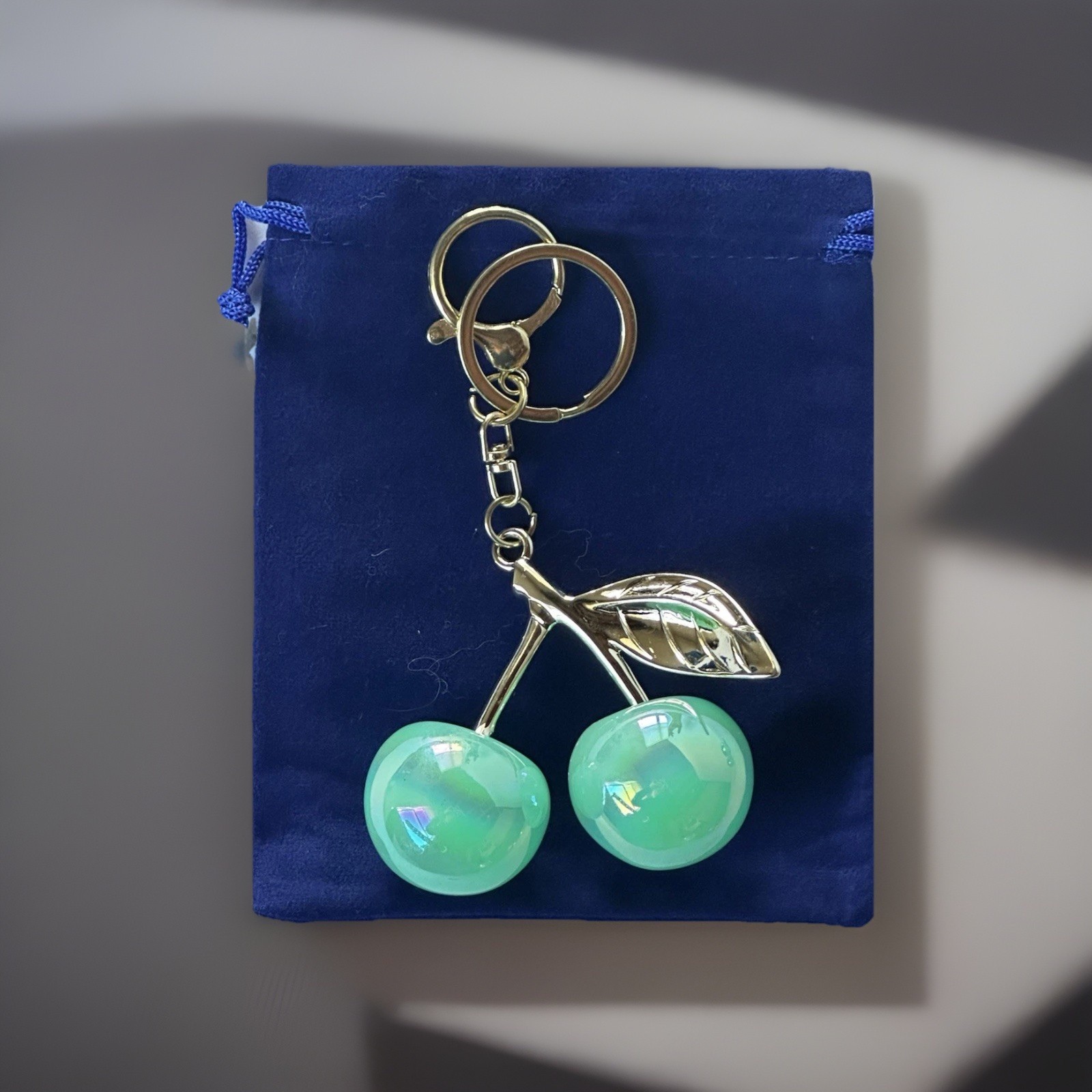 Iridescent Gloss Mirrored Cherry Bag Charms Keychain Gold + Velvet Dustbag
