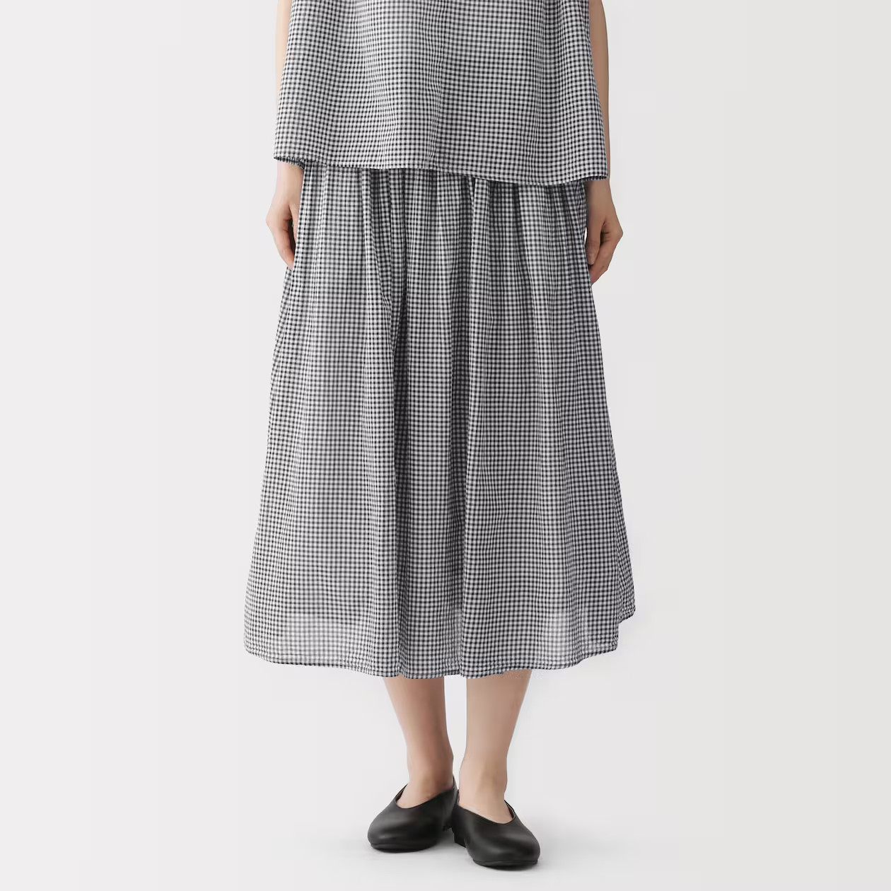 MUJI Womens 100% Cotton Gathered Skirt Black Check FedEx