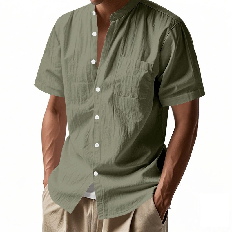 Summer Solid Stand Collar Pocket Loose Casual Shirt Tee