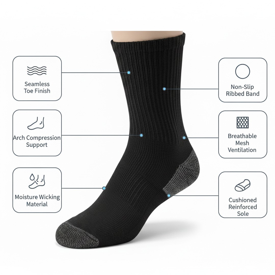 5 Pairs Mens Heavy Duty Crew Work Socks Moisture-Wicking Reinforced Size 10-13