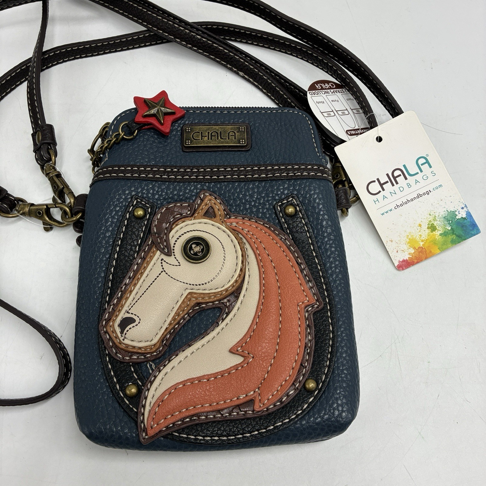 Chala Faux Leather Cell Phone Crossbody Bag Purse Navy Horse Western Convertible