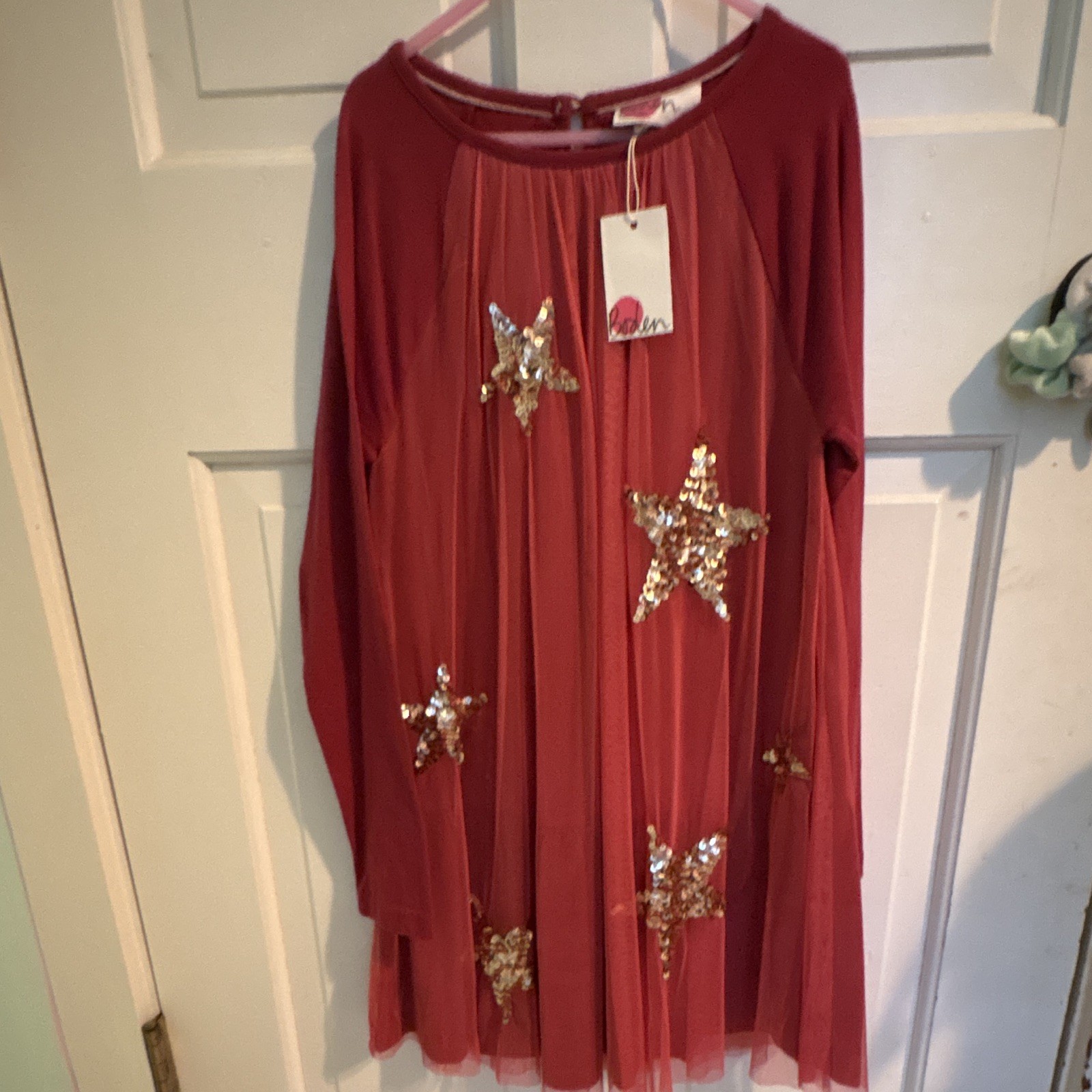 Boden Girls Red Star Sequin Tulle Dress Long Sleeve Fit & Flare 8-9Y