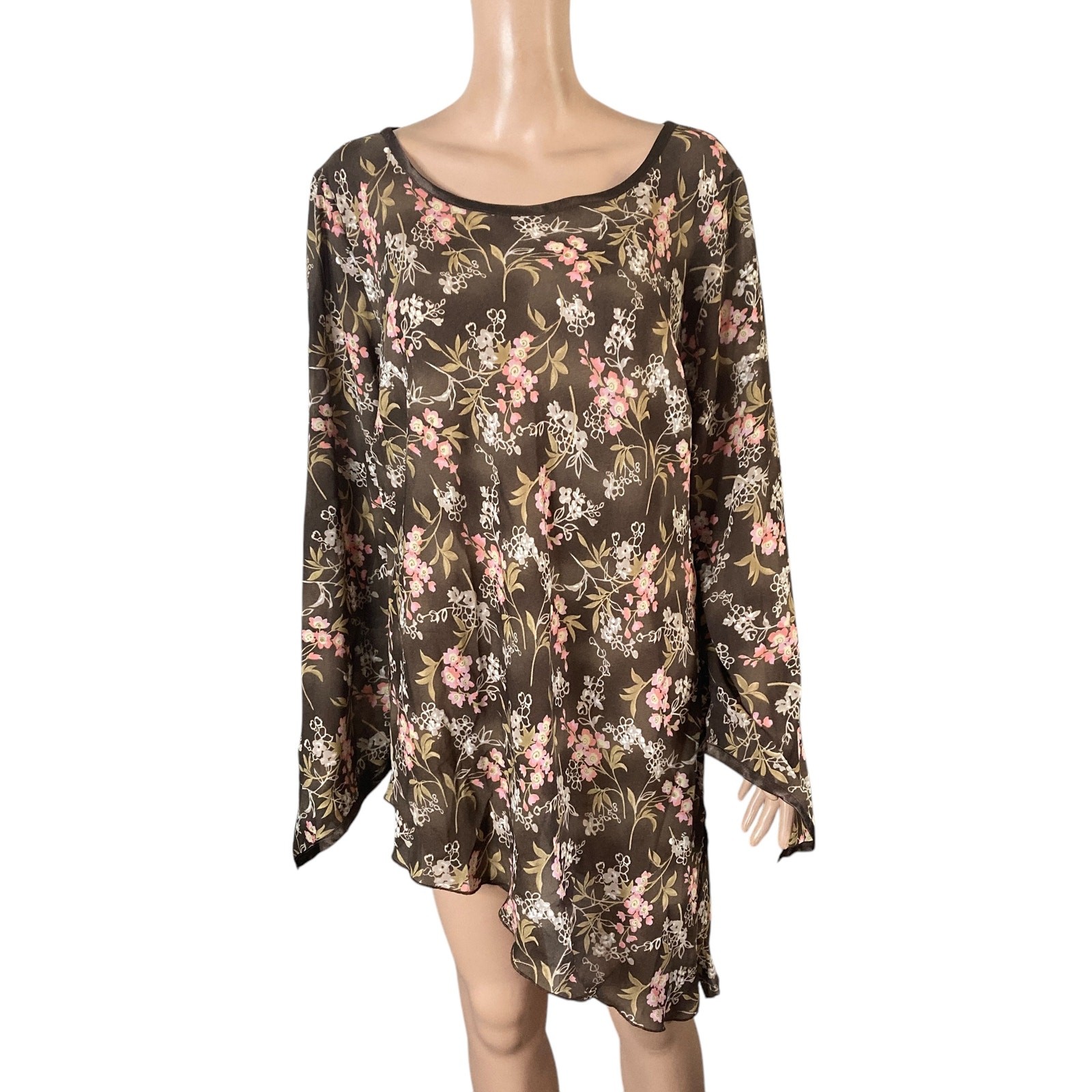 Vtg Dress-U-II By Sharon Blouse Womens 3X Plus Brown Pink Floral Asymmetrical
