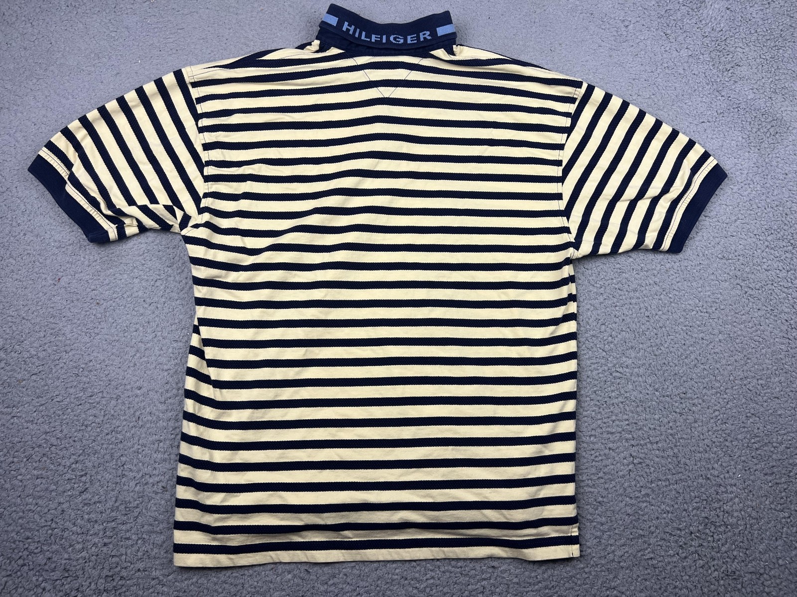 Tommy Hilfiger Polo Shirt Mens Medium Navy Yellow Striped Flag Logo Cotton