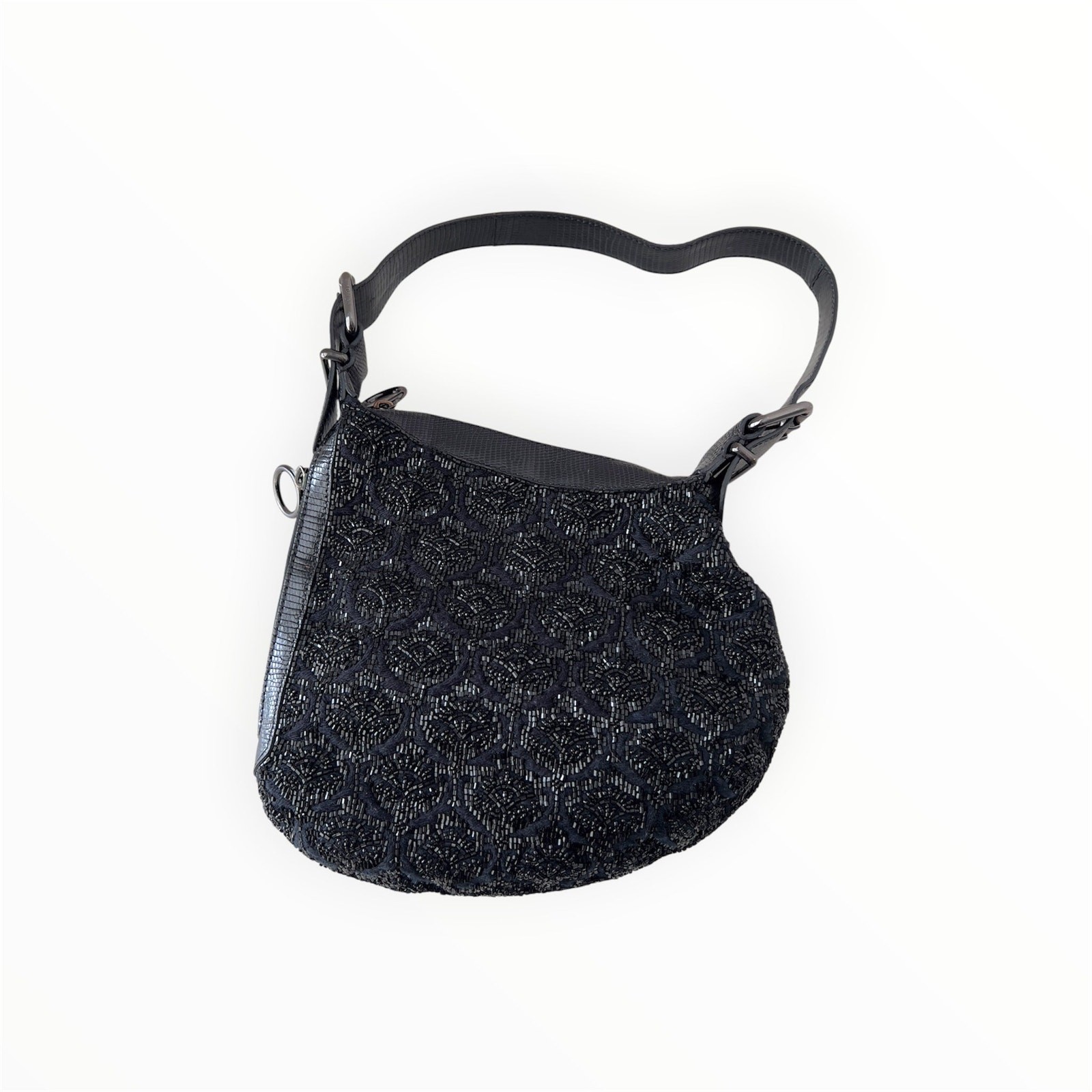Vintage Fendi Black Rose Lizard trimmed Embellished Oyster Bag