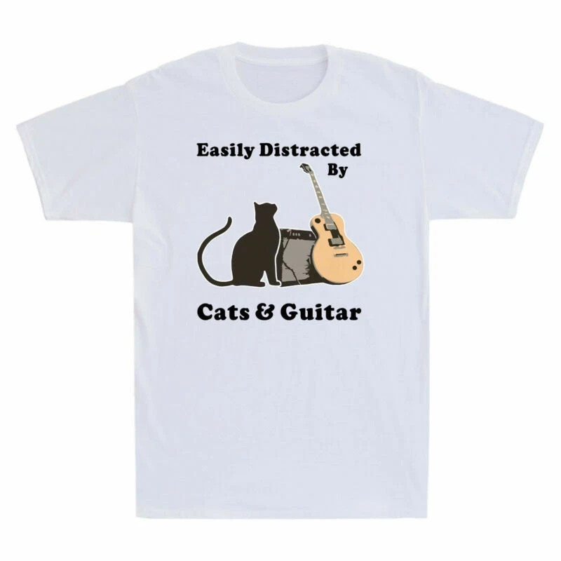 By Shirt Novelty Funny Tee Cats and Black Distracted Easily Guitar Cat SU13