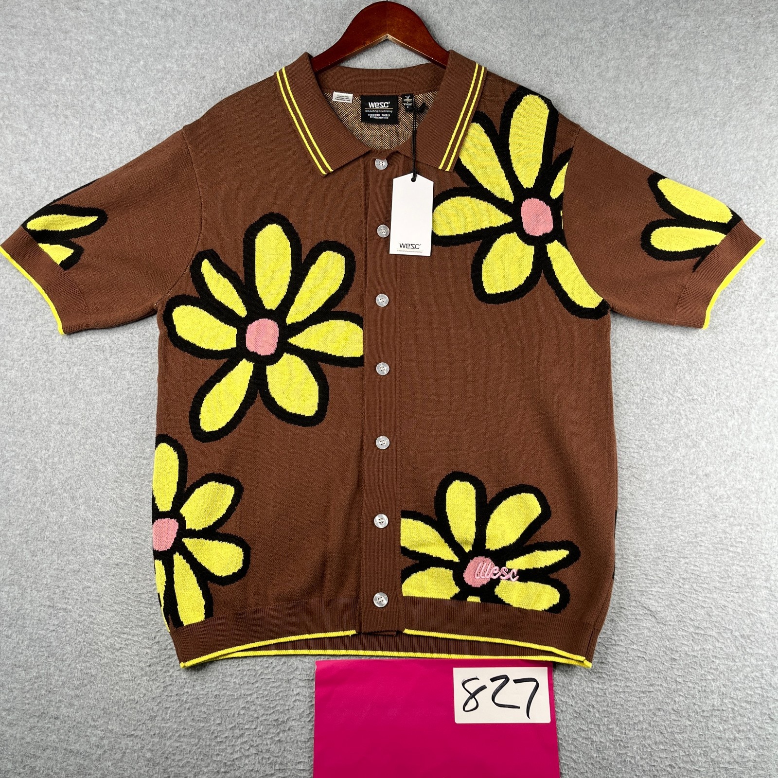 WESC Knit Shirt Medium Brown Yellow Flower Button Up Short Sleeve New NWT