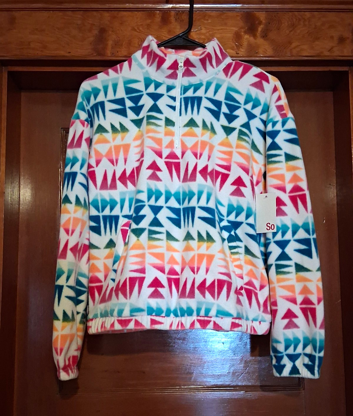 SO Girls XL (14/16) Fleece 1/4 Zip Pullover Sweatshirt Pockets Geometric